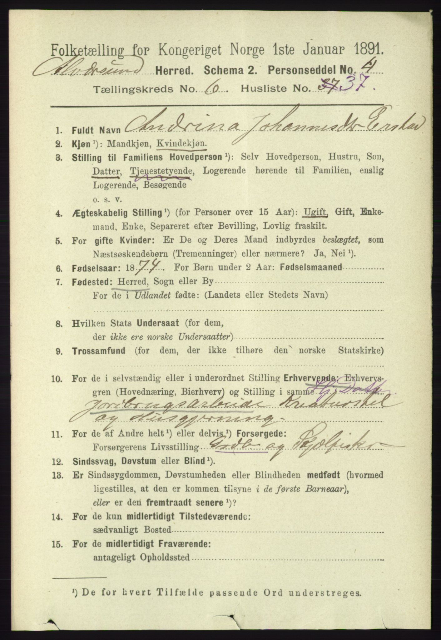 RA, 1891 census for 1257 Alversund, 1891, p. 2358