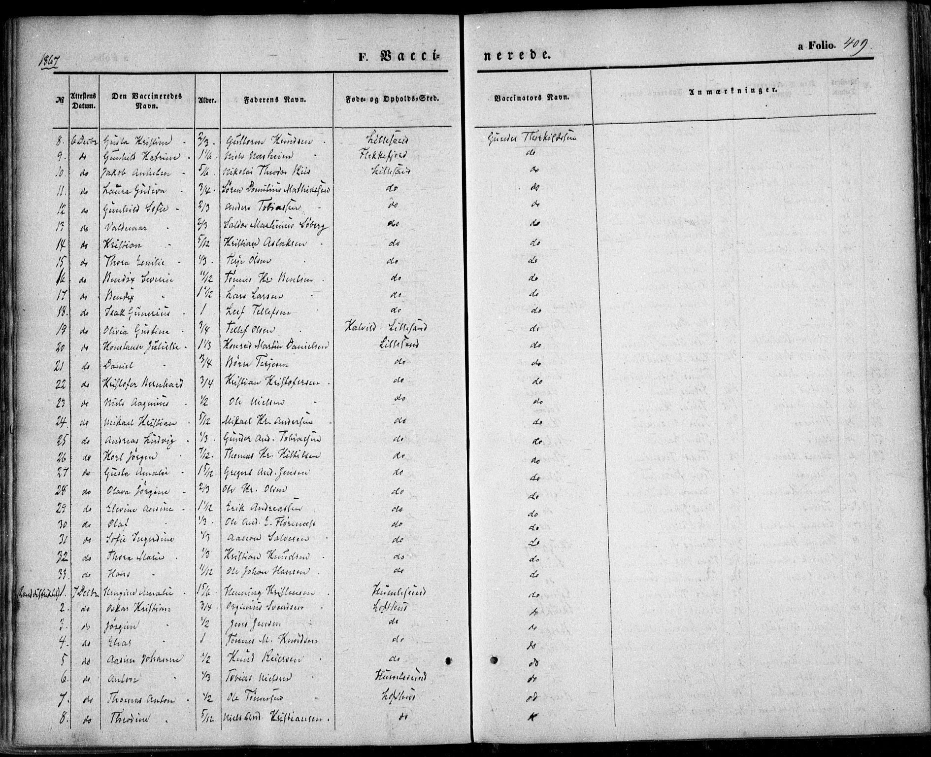 Vestre Moland sokneprestkontor, AV/SAK-1111-0046/F/Fa/Fab/L0007: Parish register (official) no. A 7, 1859-1872, p. 409