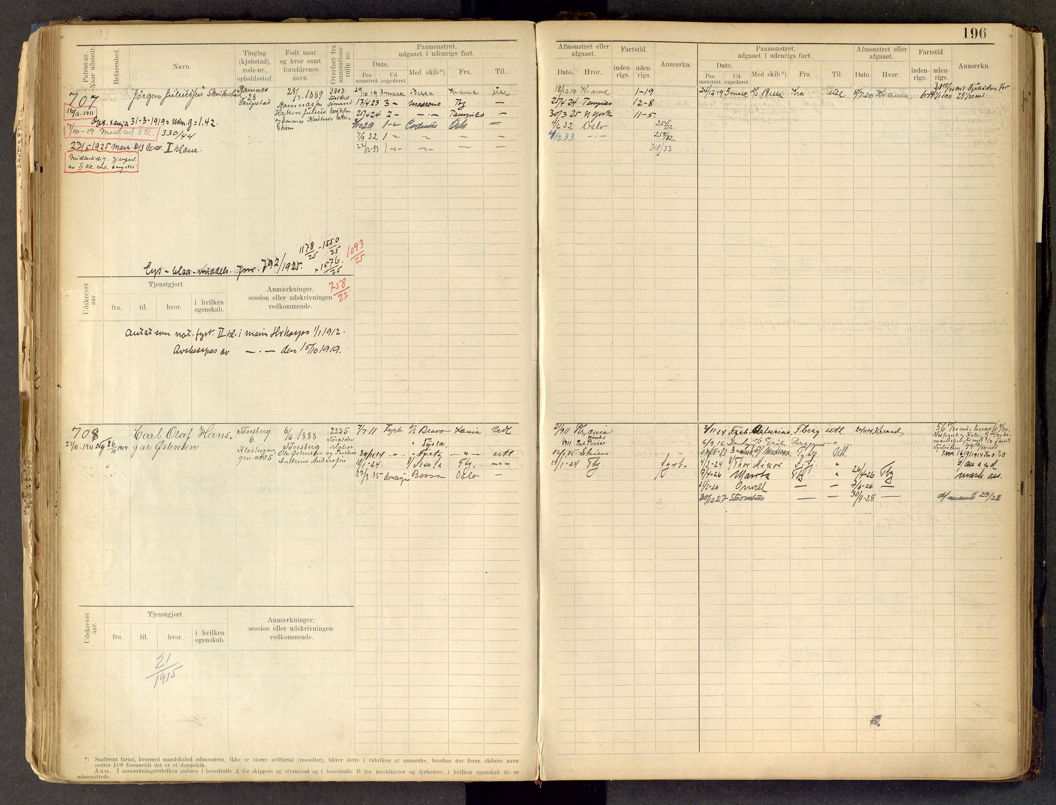 Tønsberg innrulleringskontor, AV/SAKO-A-786/F/Fe/L0002: Maskinist- og fyrbøterrulle Patent nr. 315-1110, 1902-1924, p. 196