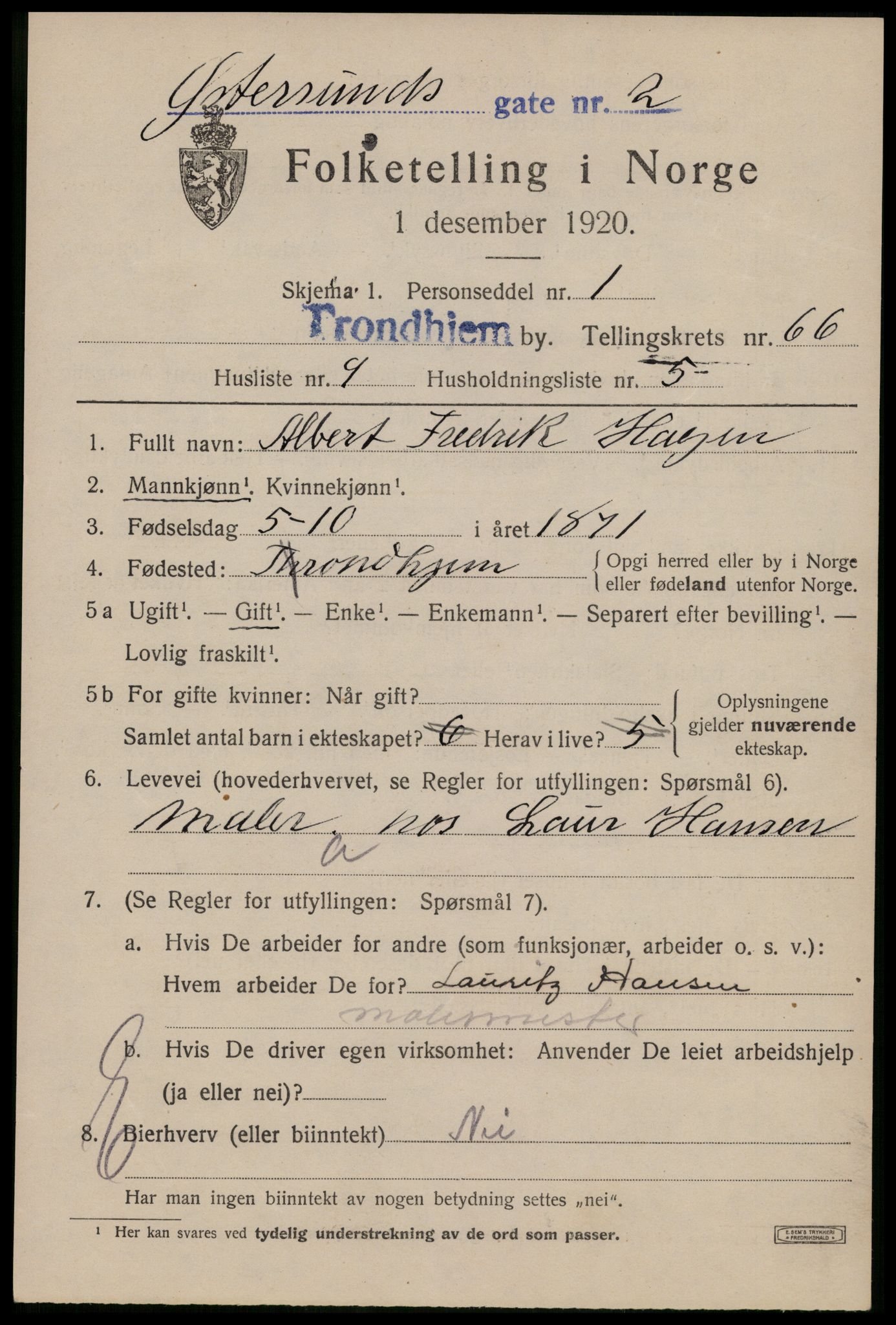 SAT, 1920 census for Trondheim, 1920, p. 130752