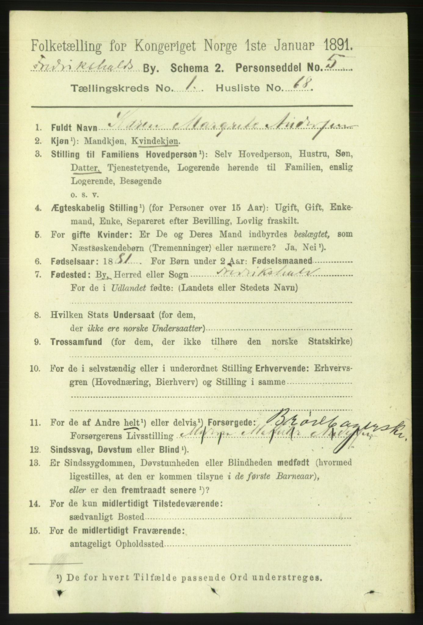 RA, 1891 census for 0101 Fredrikshald, 1891, p. 2599