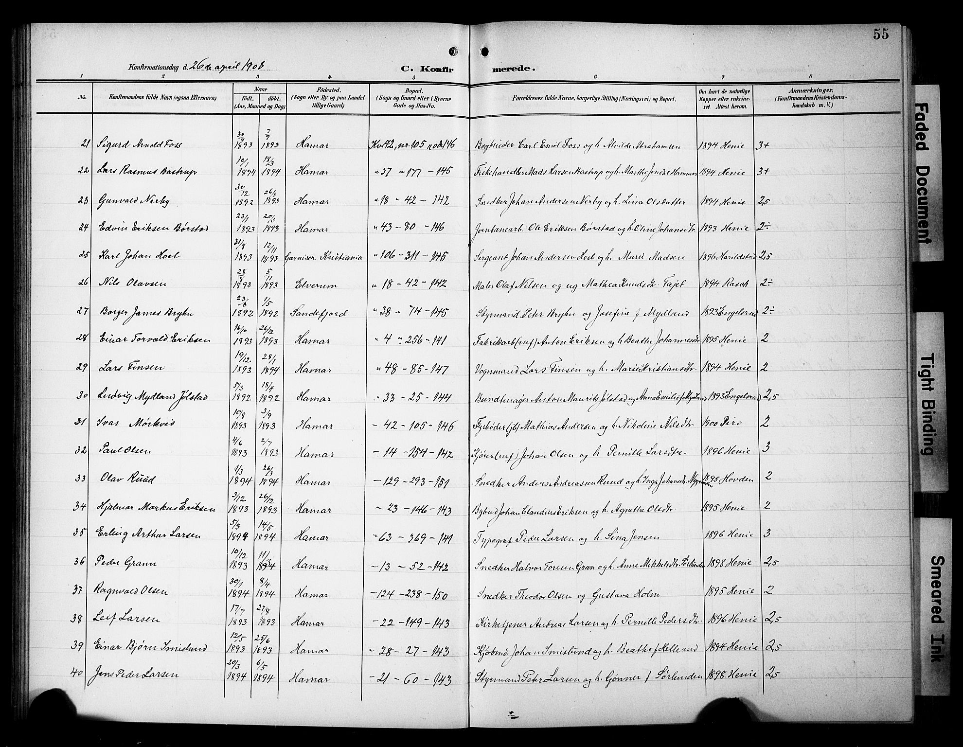 Hamar prestekontor, SAH/DOMPH-002/H/Ha/Hab/L0002: Parish register (copy) no. 2, 1899-1929, p. 55