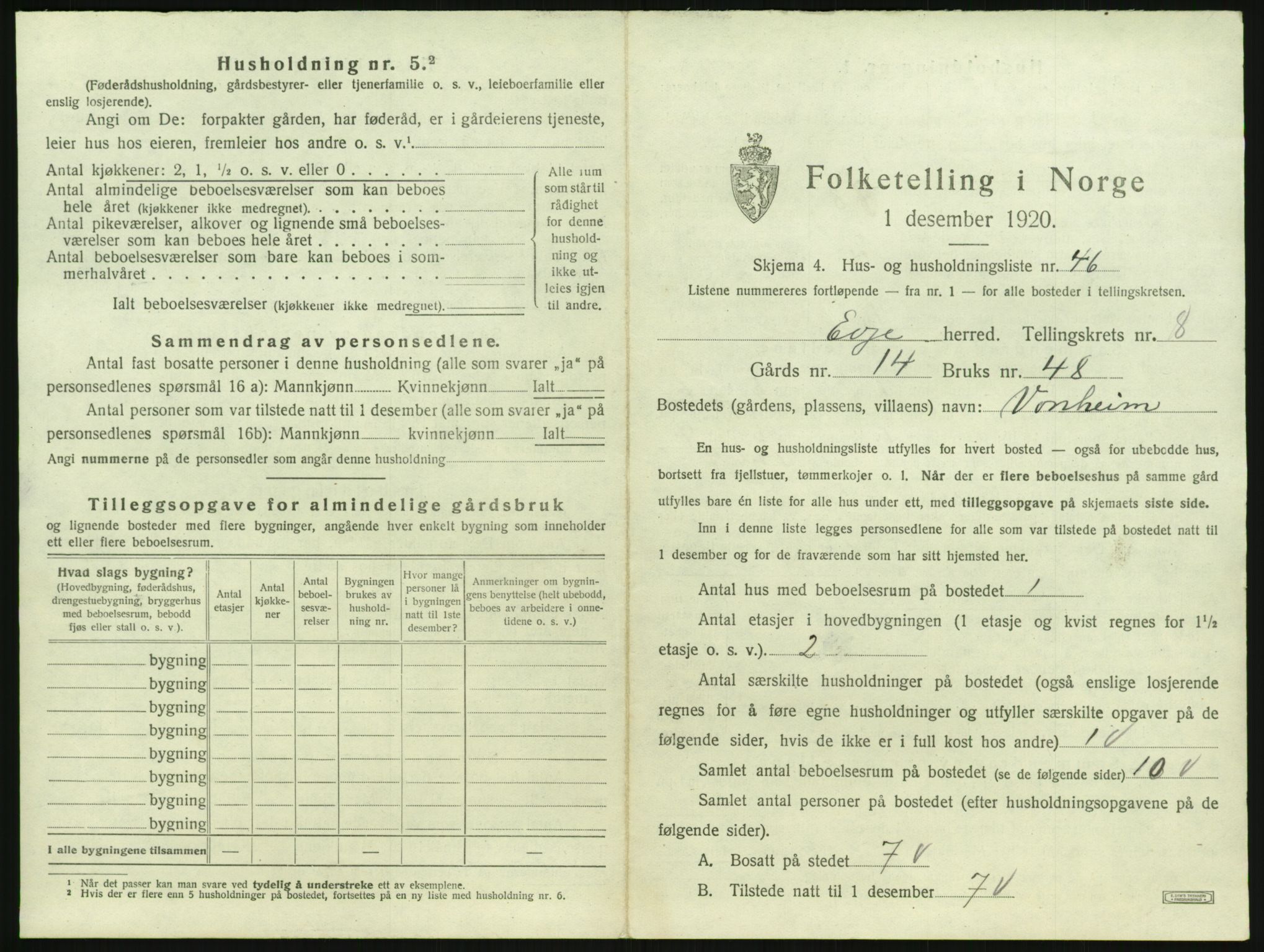 SAK, 1920 census for Evje, 1920, p. 526