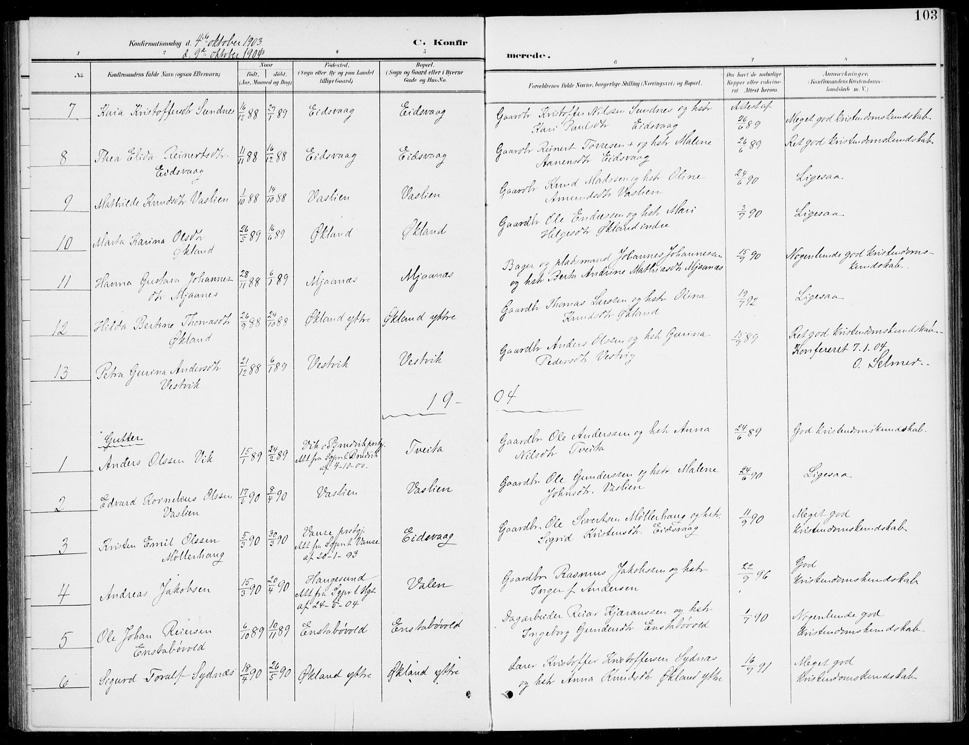 Sveio Sokneprestembete, AV/SAB-A-78501/H/Haa: Parish register (official) no. C 3, 1899-1916, p. 103