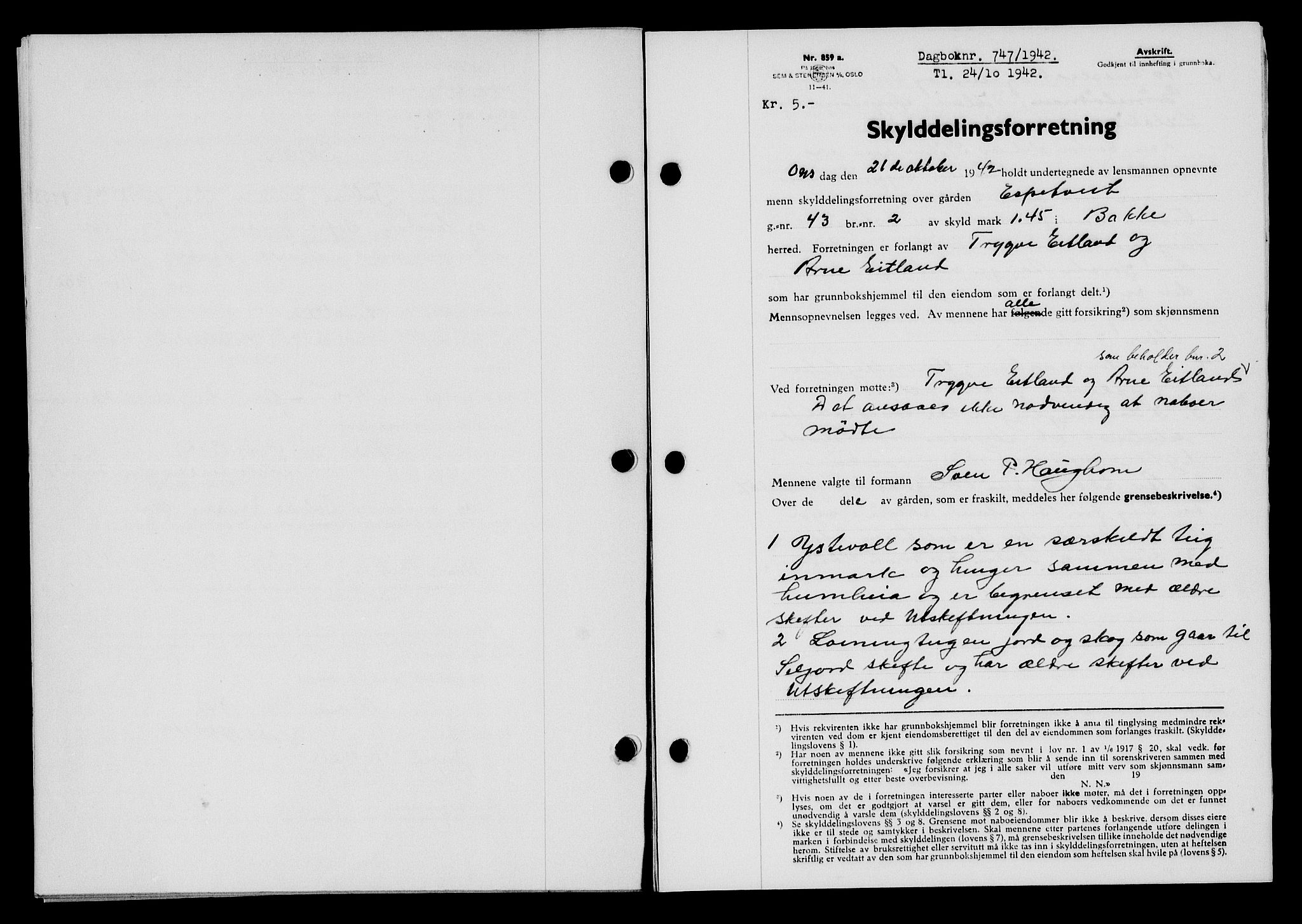 Flekkefjord sorenskriveri, SAK/1221-0001/G/Gb/Gba/L0058: Mortgage book no. A-6, 1942-1944, Diary no: : 747/1942