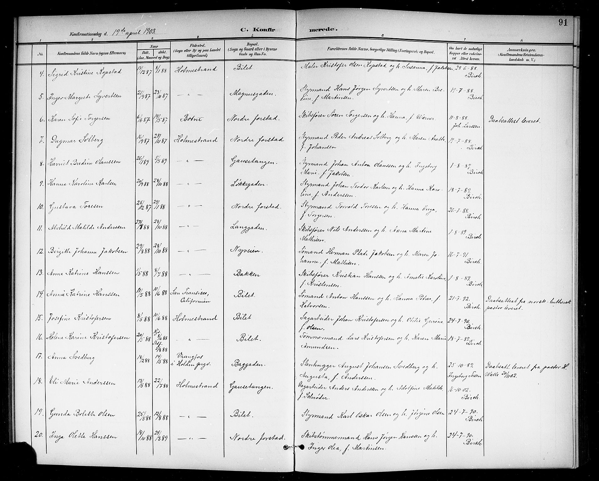 Holmestrand kirkebøker, AV/SAKO-A-346/G/Ga/L0006: Parish register (copy) no. 6, 1901-1923, p. 91