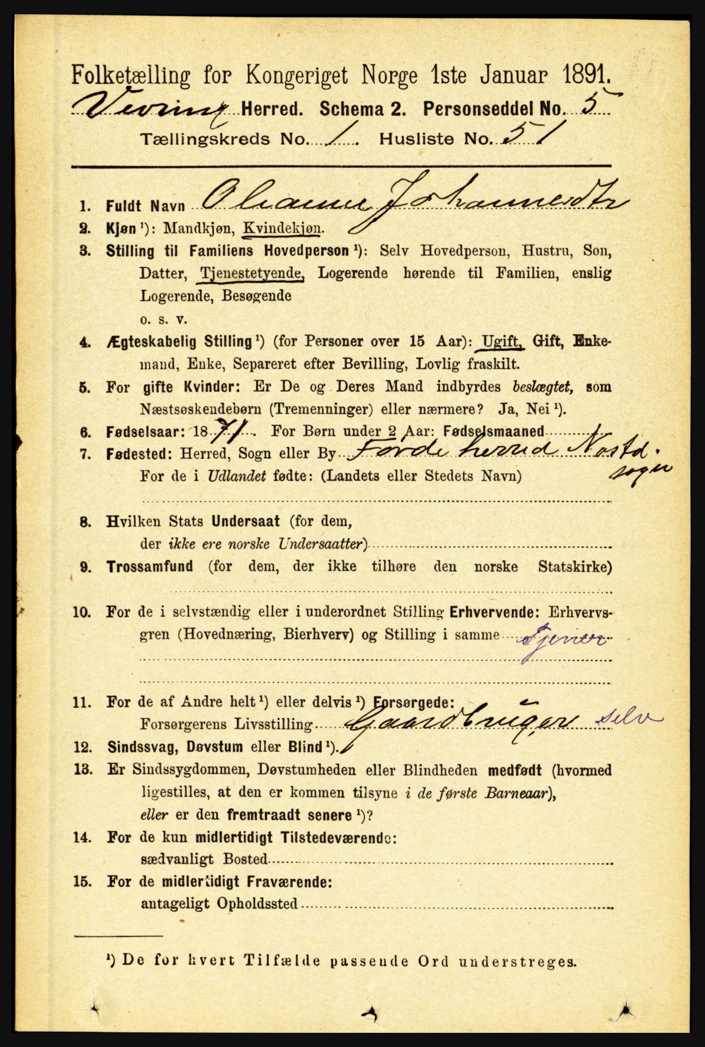 RA, 1891 census for 1434 Vevring, 1891, p. 364