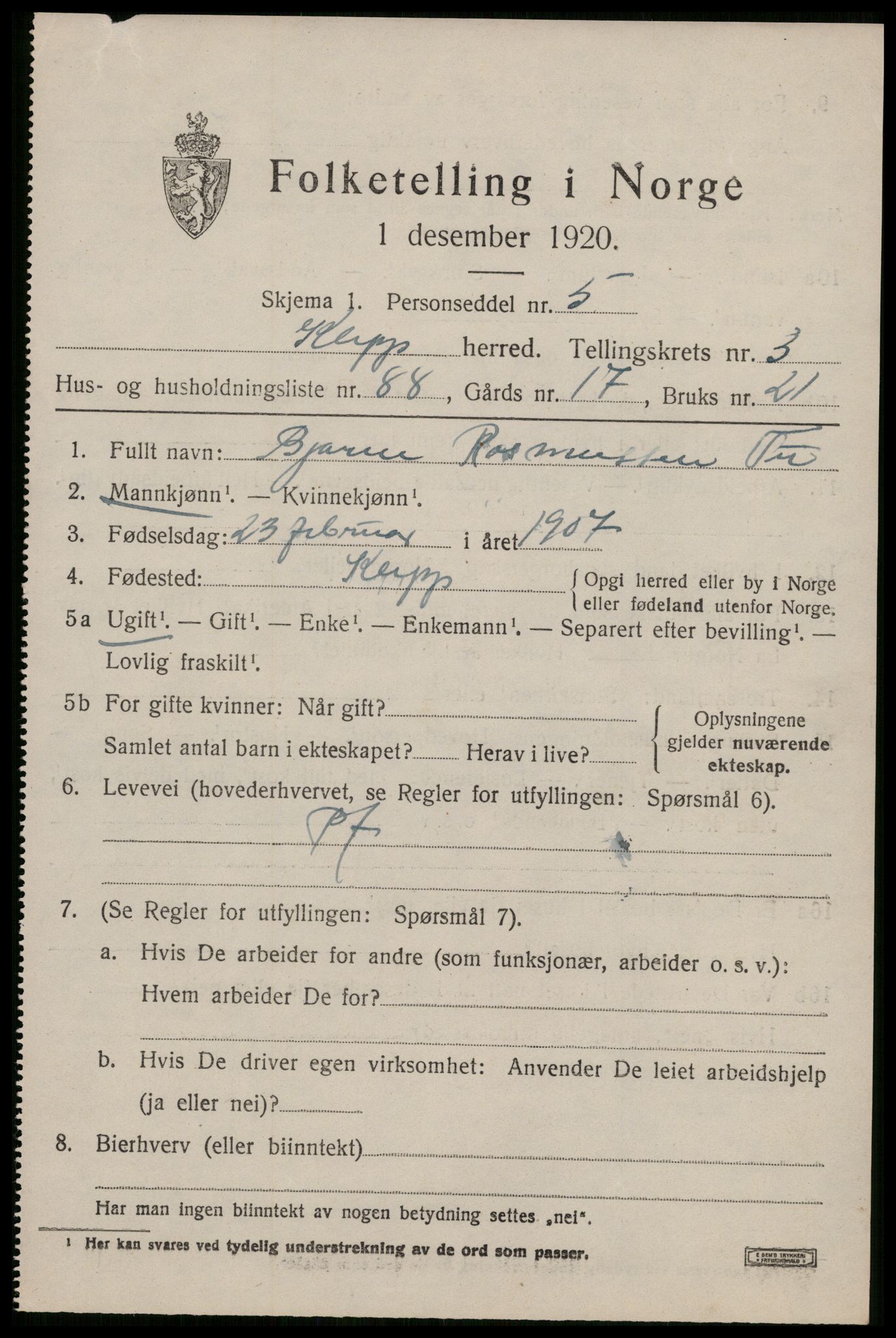 SAST, 1920 census for Klepp, 1920, p. 4330