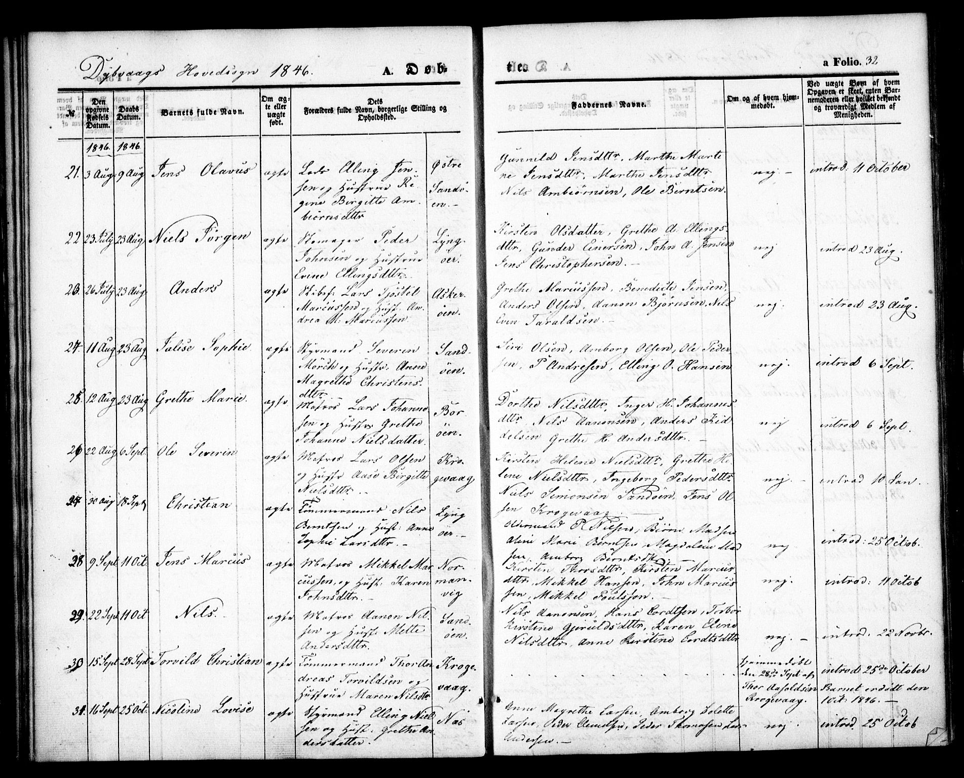 Dypvåg sokneprestkontor, AV/SAK-1111-0007/F/Fa/Faa/L0005: Parish register (official) no. A 5, 1841-1854, p. 32