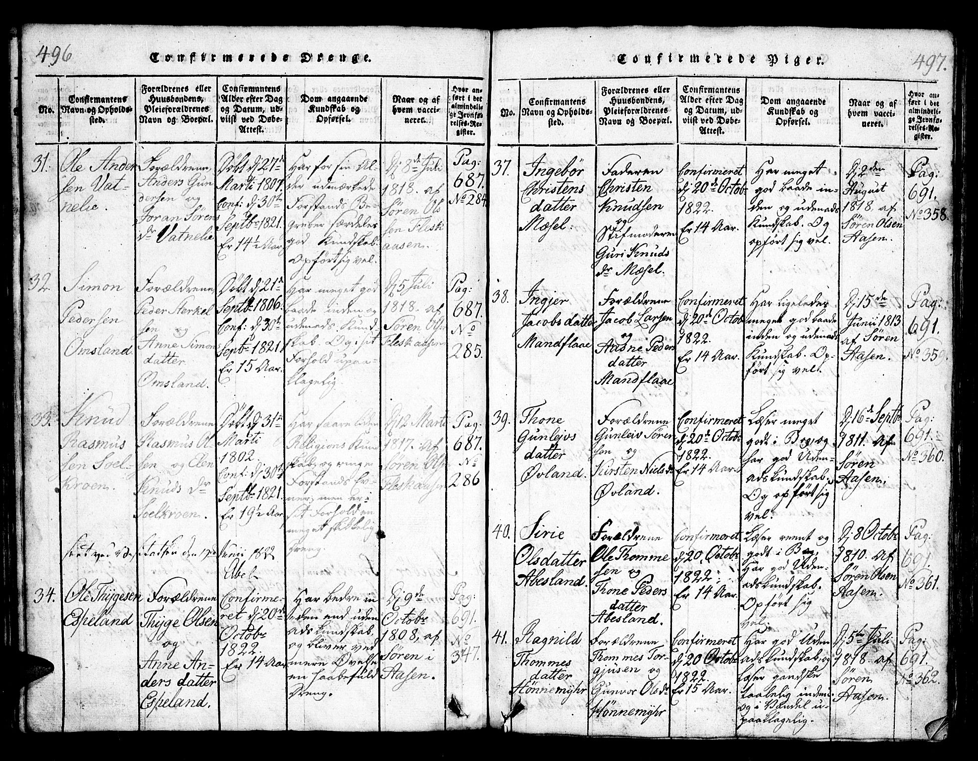 Bjelland sokneprestkontor, SAK/1111-0005/F/Fb/Fbb/L0003: Parish register (copy) no. B 3, 1816-1868, p. 496-497