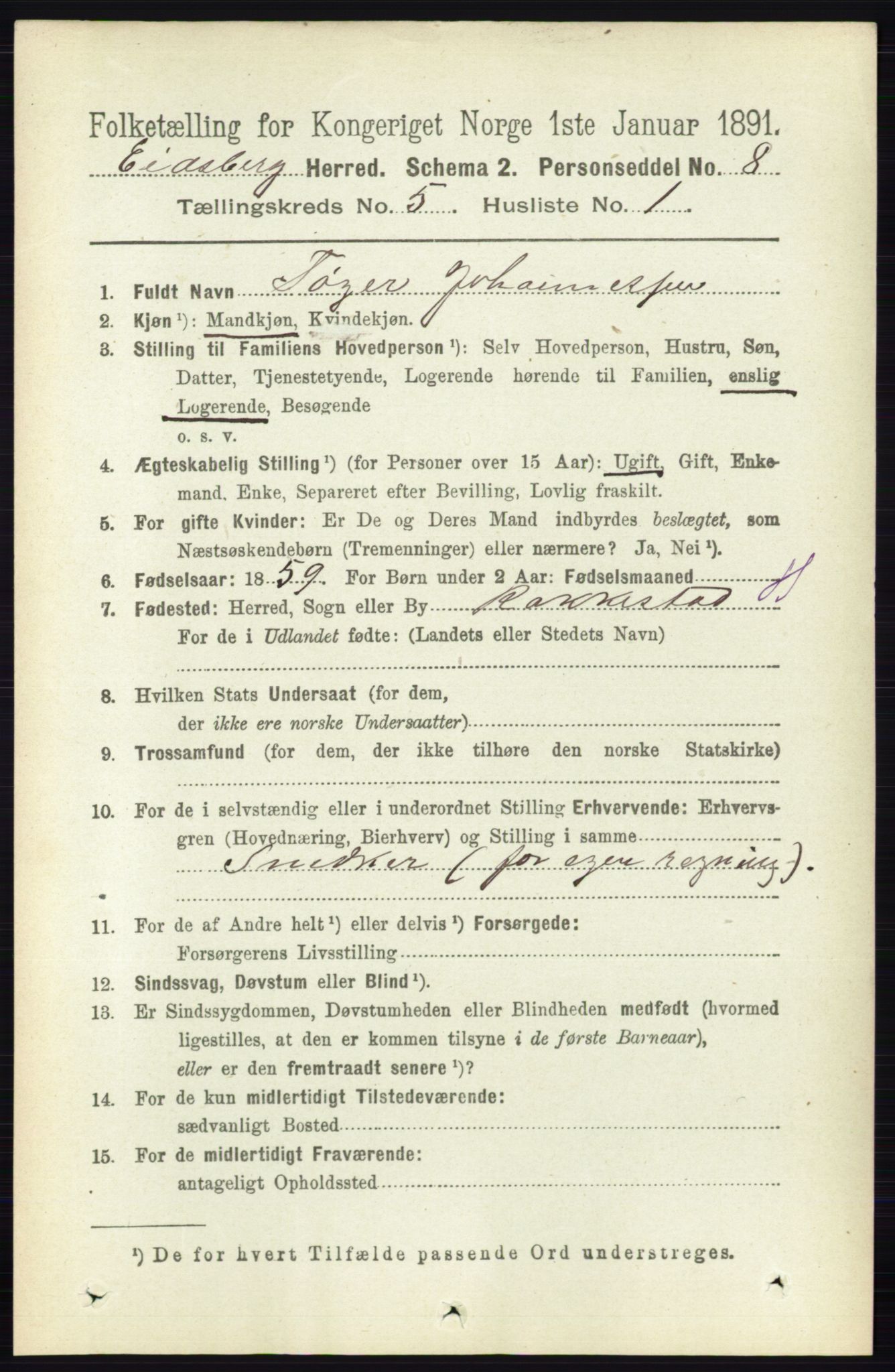 RA, 1891 census for 0125 Eidsberg, 1891, p. 3024