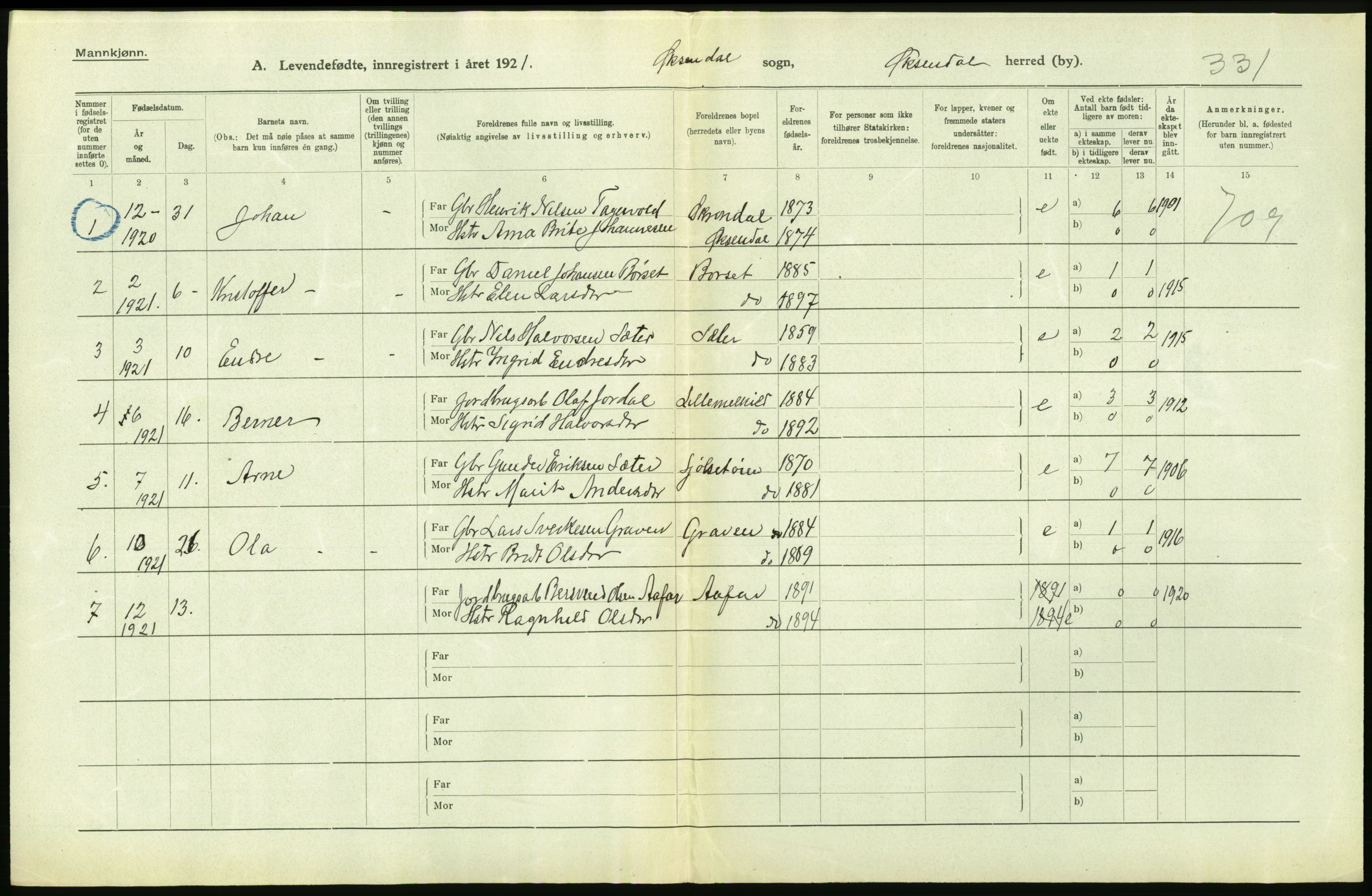 Statistisk sentralbyrå, Sosiodemografiske emner, Befolkning, RA/S-2228/D/Df/Dfc/Dfca/L0040: Møre fylke: Levendefødte menn og kvinner. Bygder., 1921, p. 576