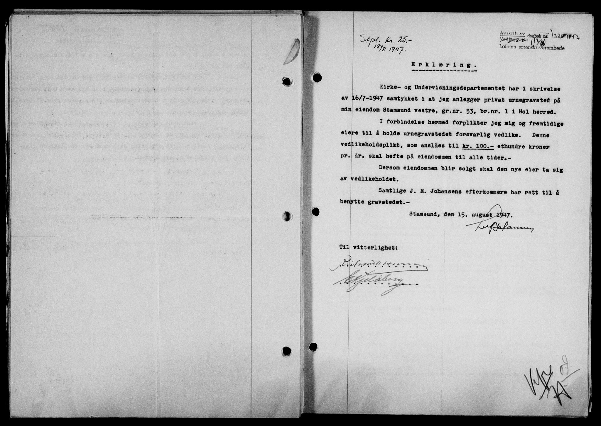 Lofoten sorenskriveri, SAT/A-0017/1/2/2C/L0016a: Mortgage book no. 16a, 1947-1947, Diary no: : 1320/1947