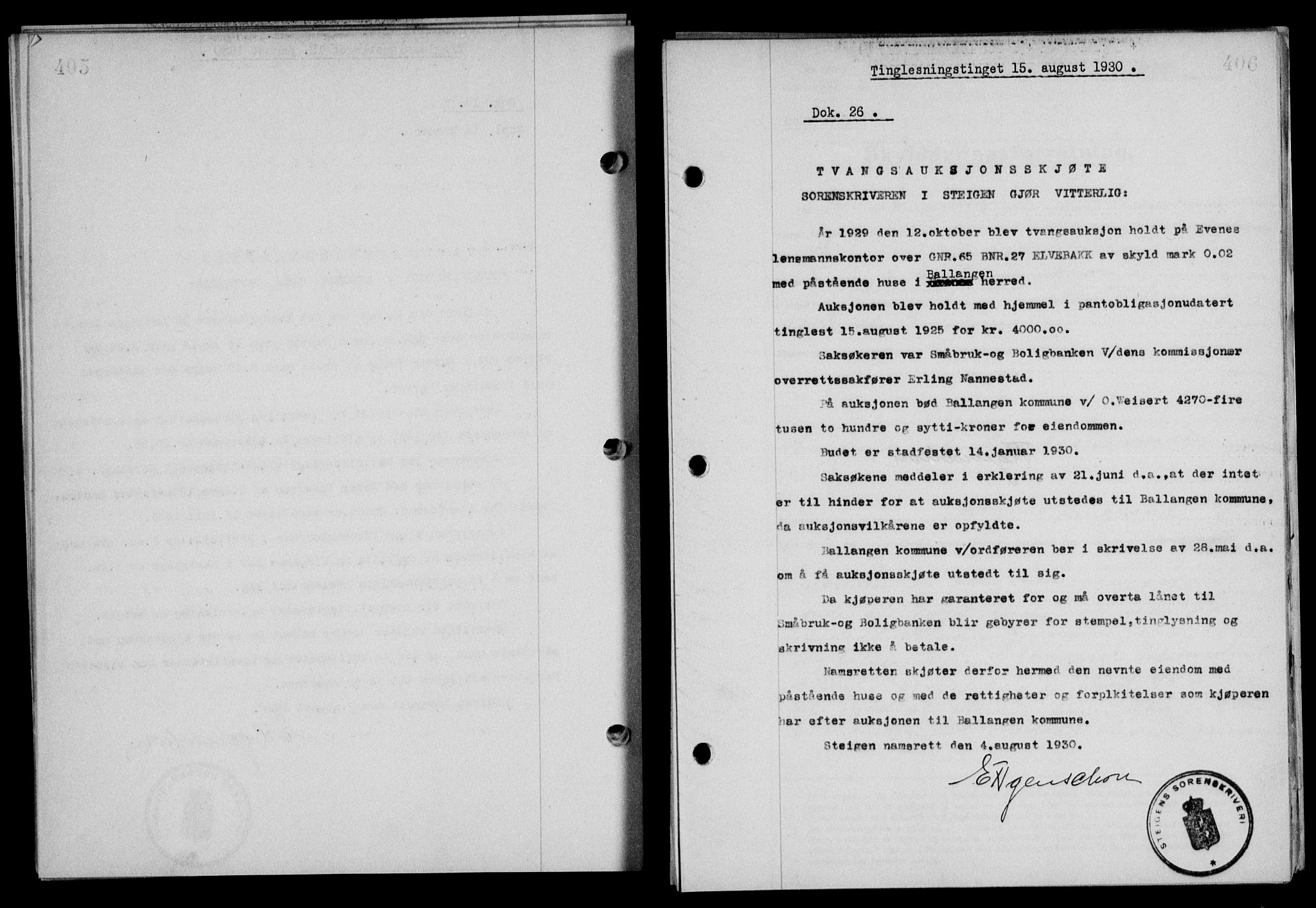 Steigen og Ofoten sorenskriveri, SAT/A-0030/1/2/2C/L0018/0001: Mortgage book no. 20-II og 21, 1930-1931, Deed date: 15.08.1930
