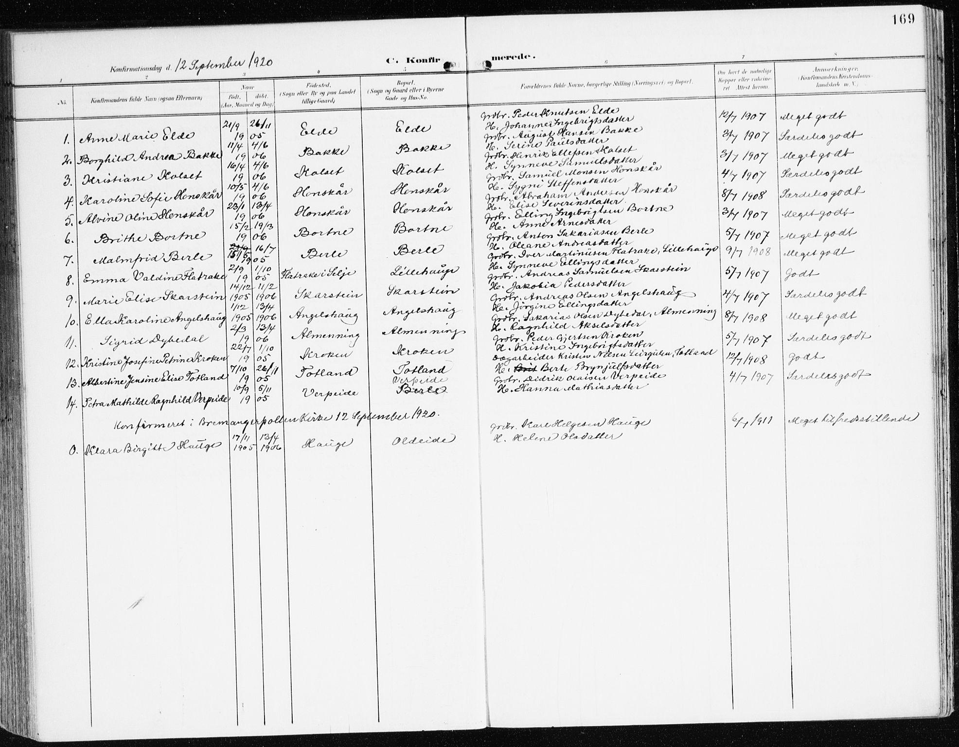 Davik sokneprestembete, AV/SAB-A-79701/H/Haa/Haad/L0002: Parish register (official) no. D 2, 1901-1930, p. 169