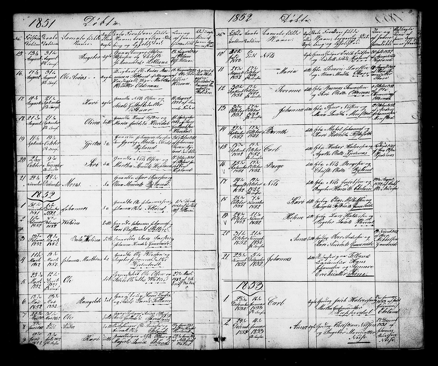 Alversund Sokneprestembete, SAB/A-73901/H/Ha/Hab: Parish register (copy) no. D 2, 1851-1889, p. 3
