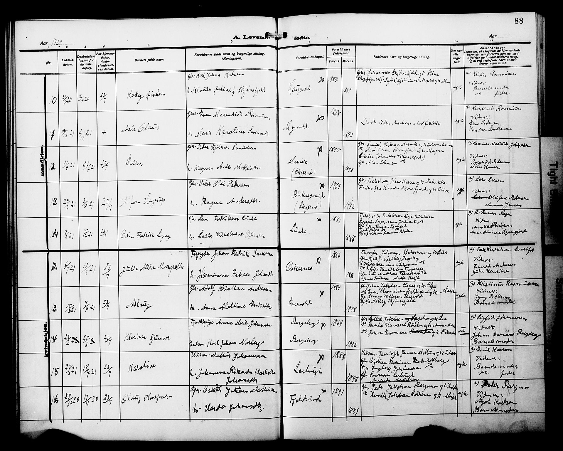 Skjervøy sokneprestkontor, AV/SATØ-S-1300/H/Ha/Hab/L0022klokker: Parish register (copy) no. 22, 1910-1926, p. 88