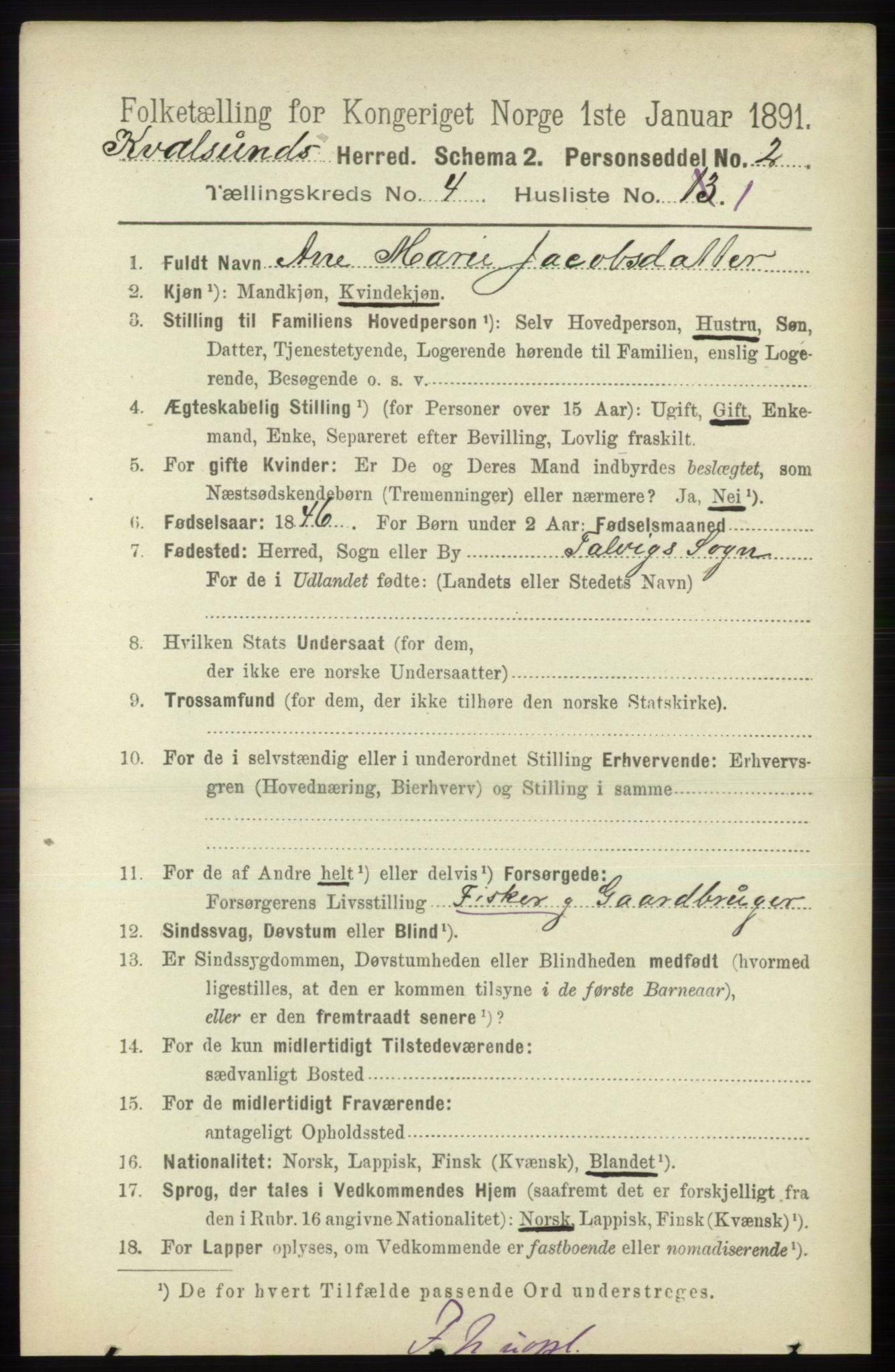 RA, 1891 census for 2017 Kvalsund, 1891, p. 185