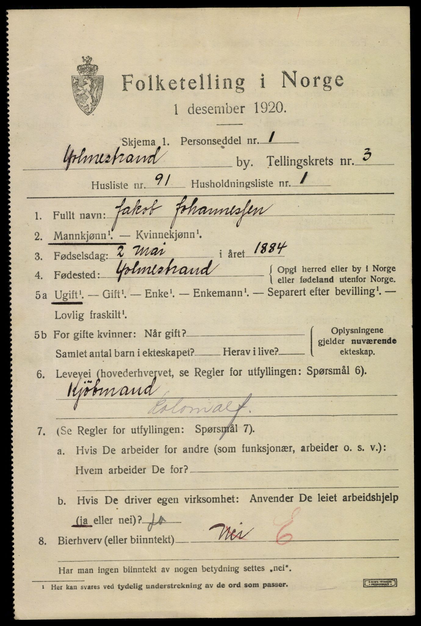 SAKO, 1920 census for Holmestrand, 1920, p. 3976