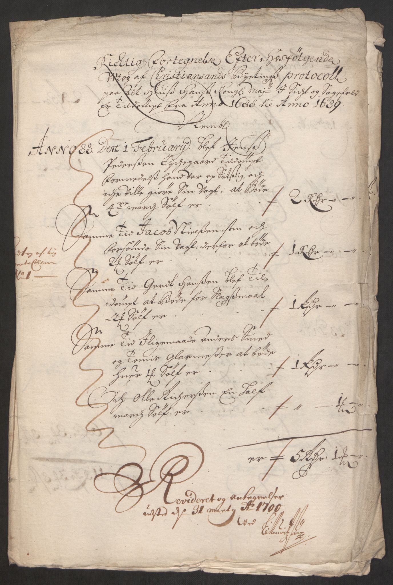 Rentekammeret inntil 1814, Reviderte regnskaper, Byregnskaper, AV/RA-EA-4066/R/Rm/L0285: [M18] Sikt og sakefall, 1681-1718, p. 95