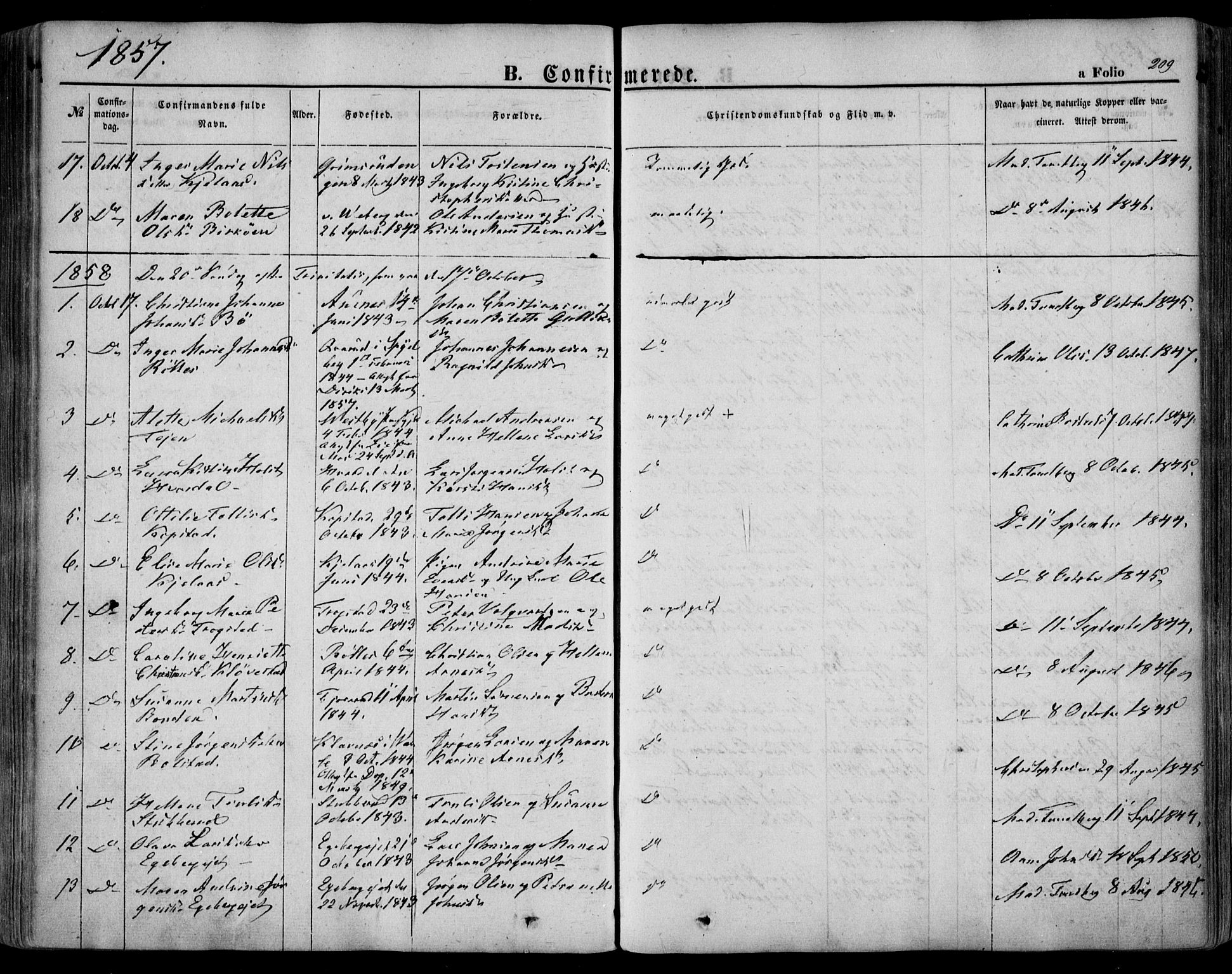 Sande Kirkebøker, SAKO/A-53/F/Fa/L0004: Parish register (official) no. 4, 1847-1864, p. 209
