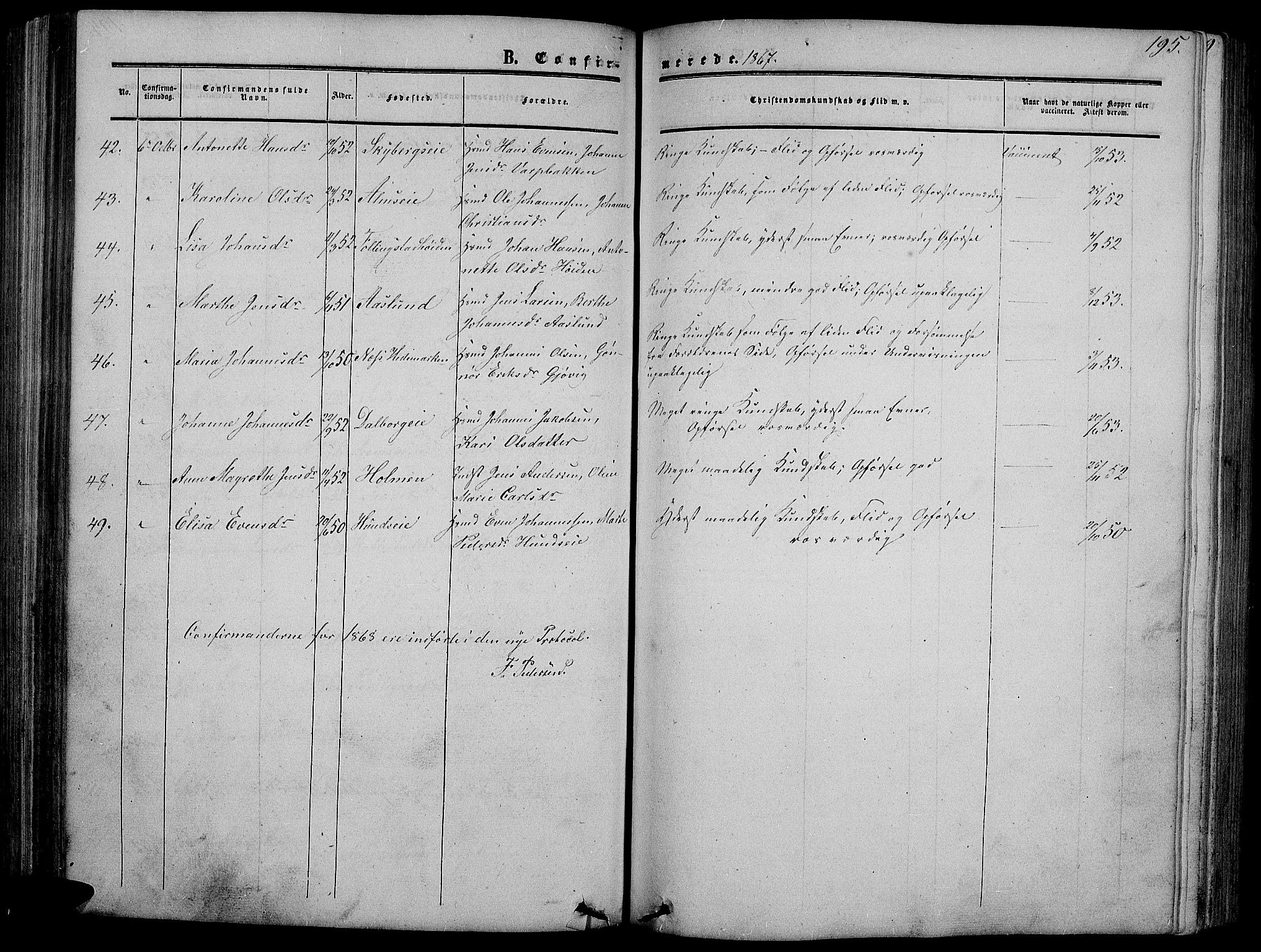 Vardal prestekontor, SAH/PREST-100/H/Ha/Hab/L0005: Parish register (copy) no. 5, 1854-1868, p. 195