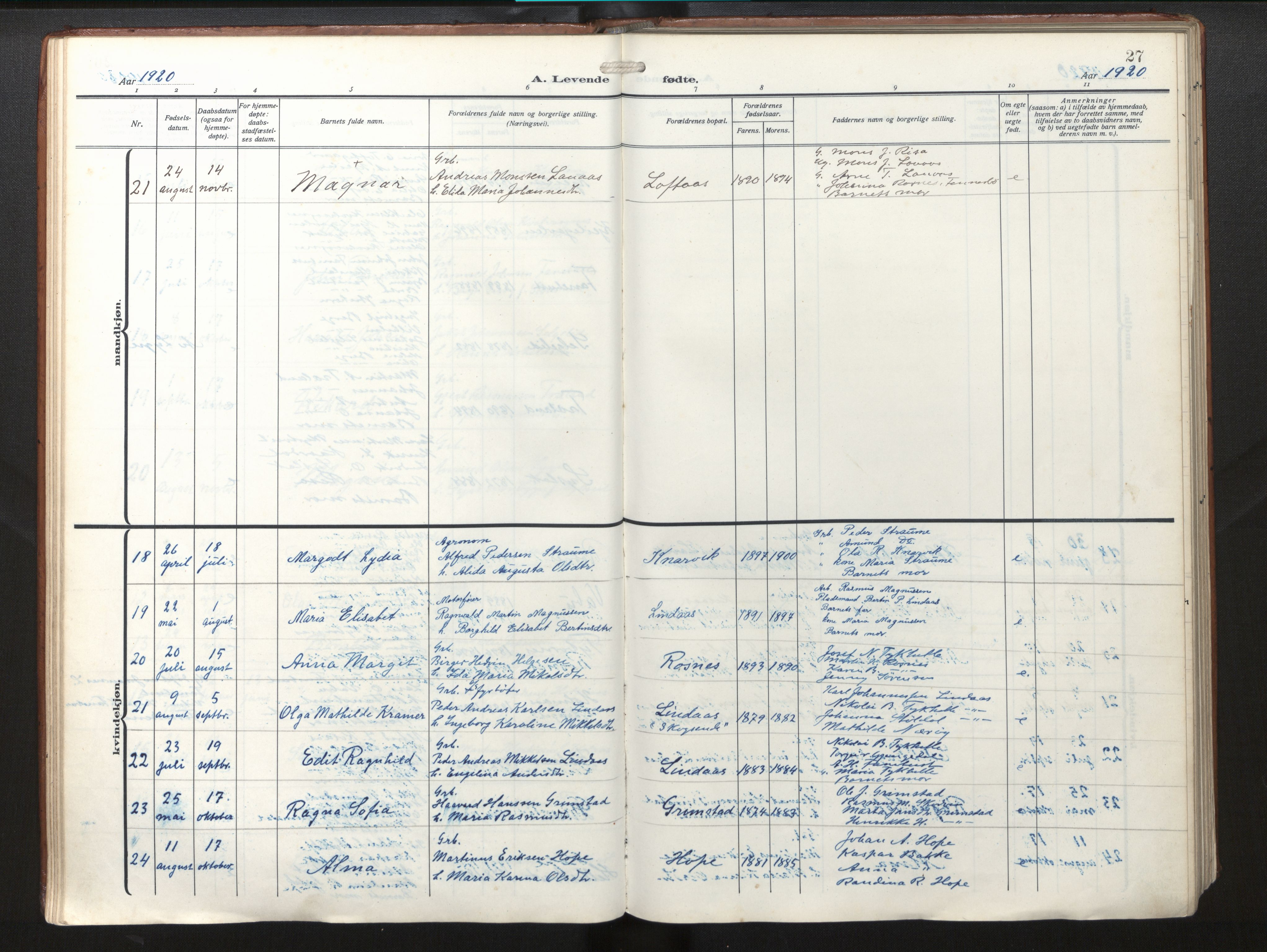 Lindås Sokneprestembete, AV/SAB-A-76701/H/Haa/Haab/L0003: Parish register (official) no. B 3, 1912-1929, p. 27