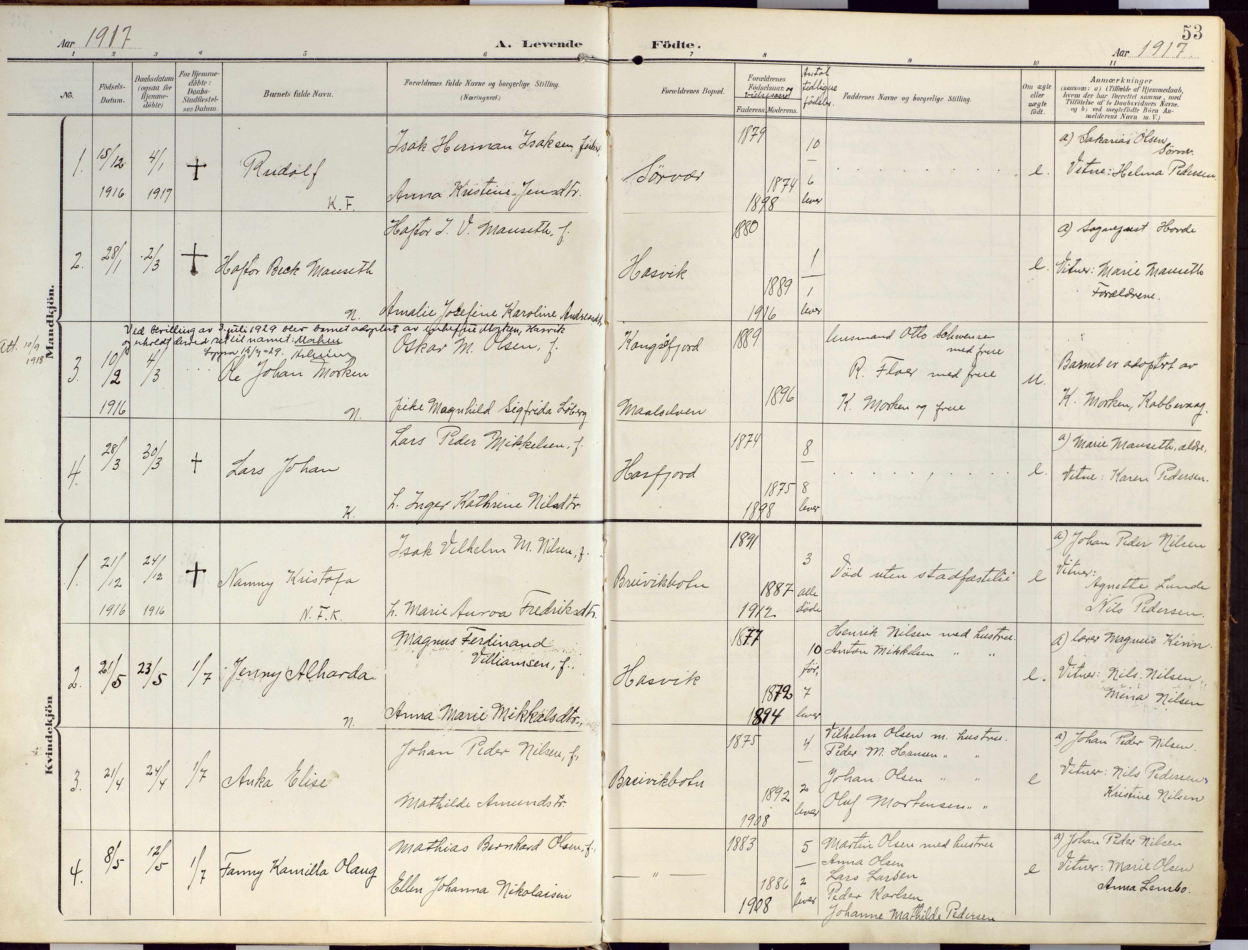 Loppa sokneprestkontor, SATØ/S-1339/H/Ha/L0010kirke: Parish register (official) no. 10, 1907-1922, p. 53
