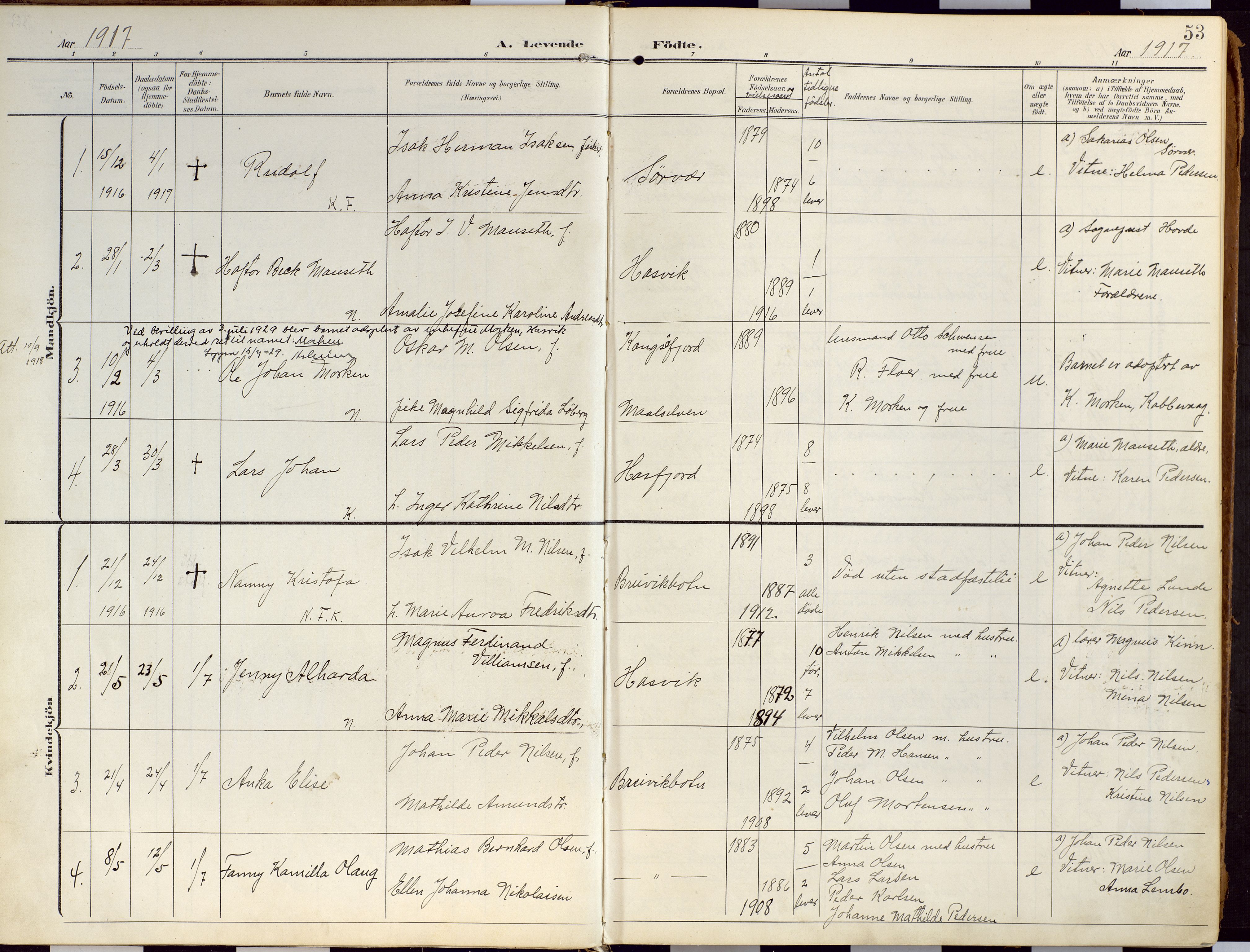 Loppa sokneprestkontor, AV/SATØ-S-1339/H/Ha/L0010kirke: Parish register (official) no. 10, 1907-1922, p. 53