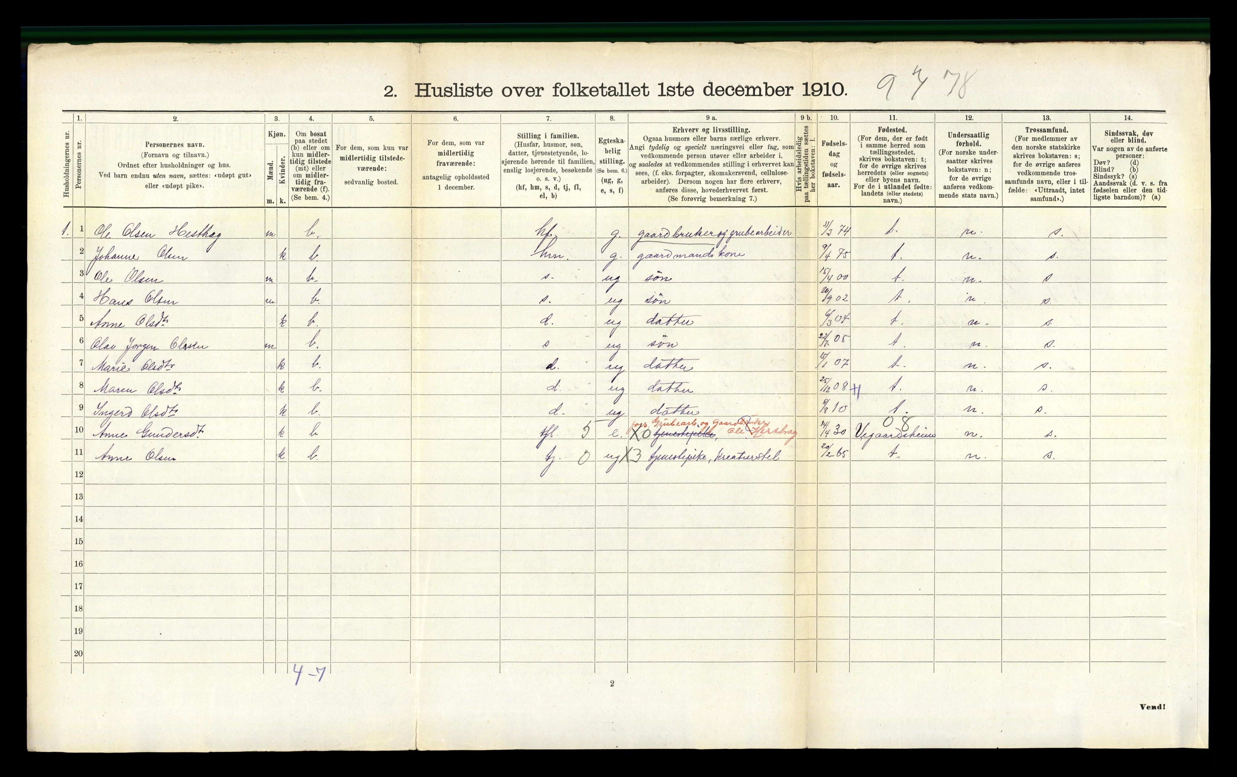 RA, 1910 census for Austre Moland, 1910, p. 465