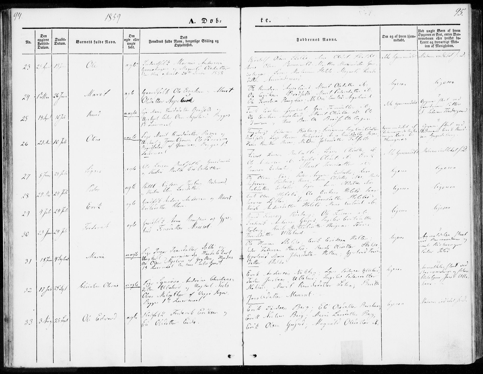 Ministerialprotokoller, klokkerbøker og fødselsregistre - Møre og Romsdal, AV/SAT-A-1454/557/L0680: Parish register (official) no. 557A02, 1843-1869, p. 94-95