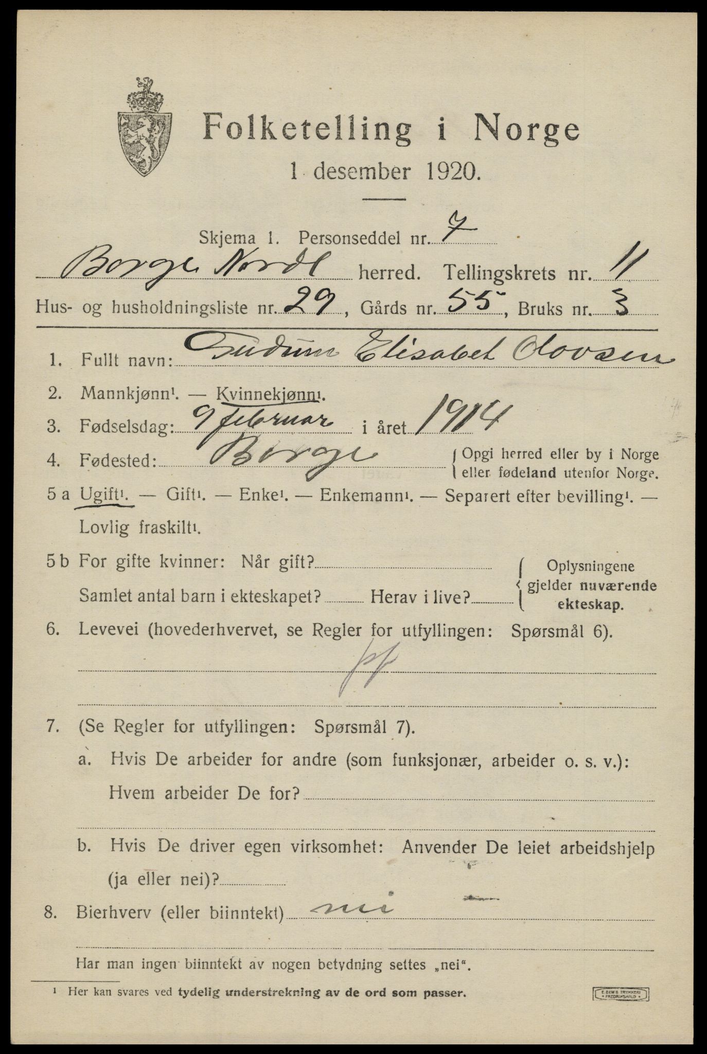 SAT, 1920 census for Borge, 1920, p. 9805