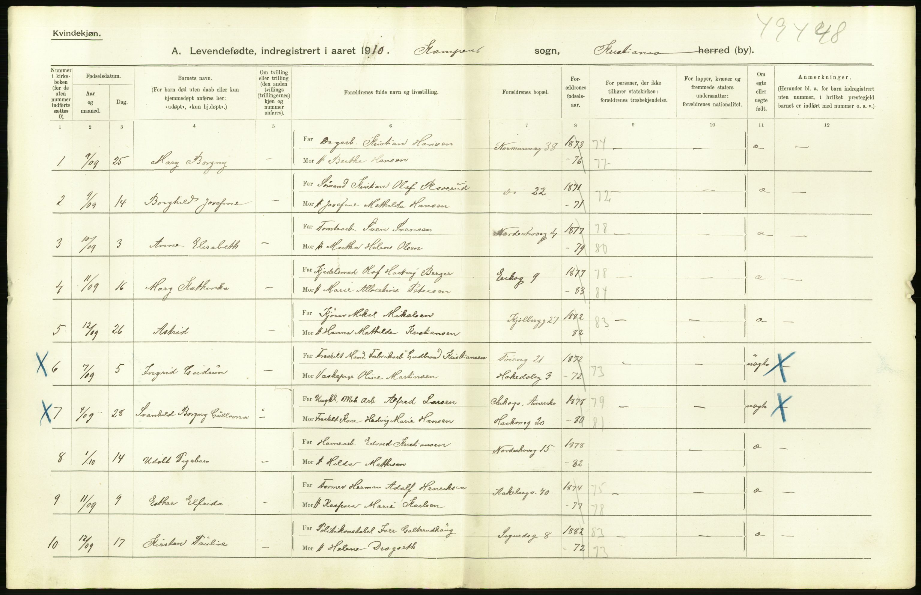 Statistisk sentralbyrå, Sosiodemografiske emner, Befolkning, RA/S-2228/D/Df/Dfa/Dfah/L0007: Kristiania: Levendefødte kvinner., 1910, p. 62