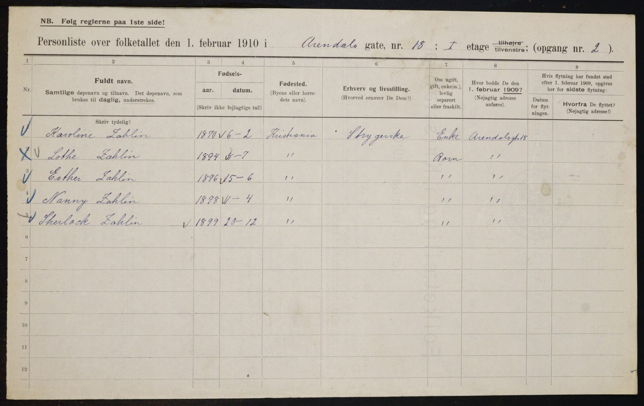 OBA, Municipal Census 1910 for Kristiania, 1910, p. 2017