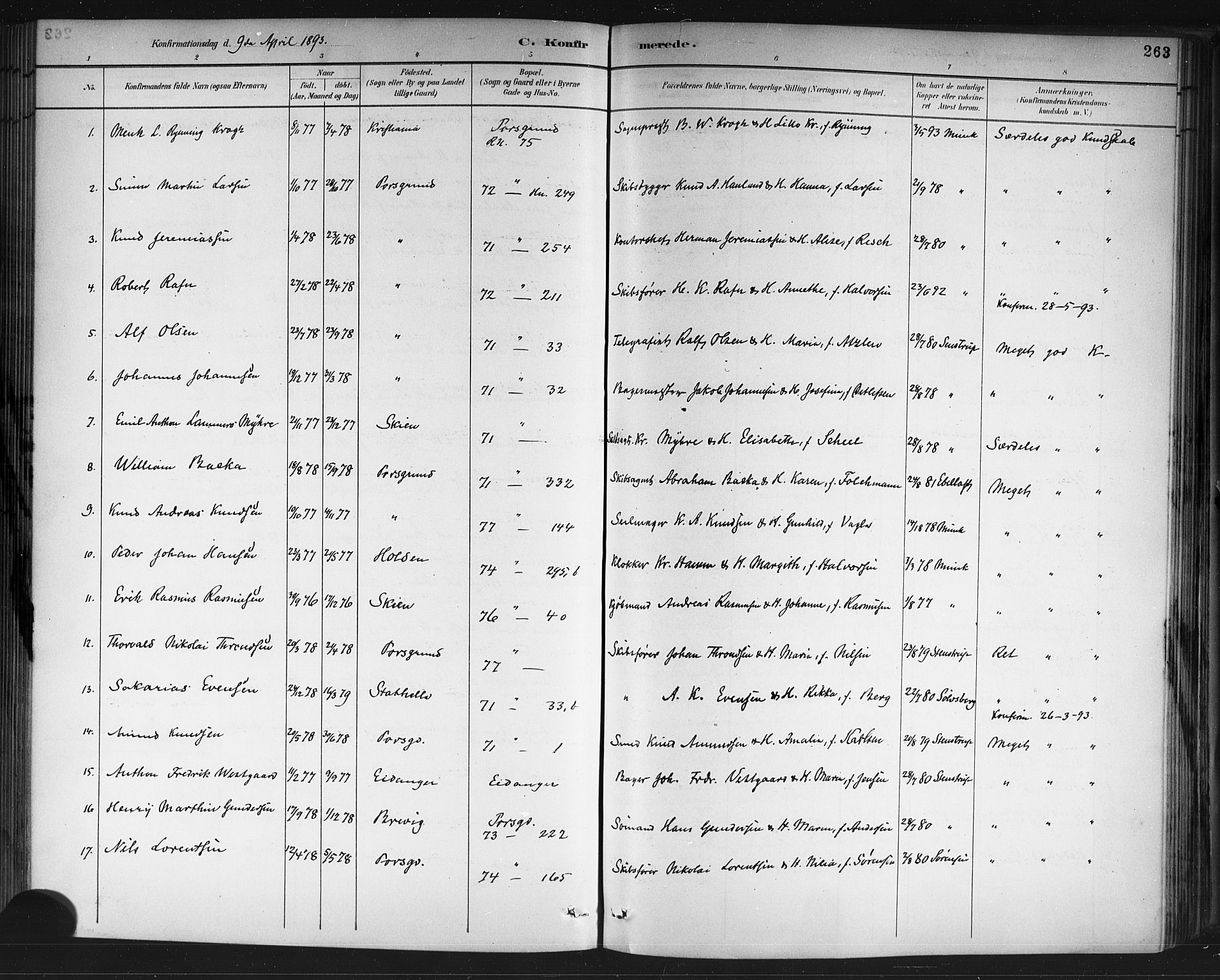 Porsgrunn kirkebøker , SAKO/A-104/G/Gb/L0005: Parish register (copy) no. II 5, 1883-1915, p. 263