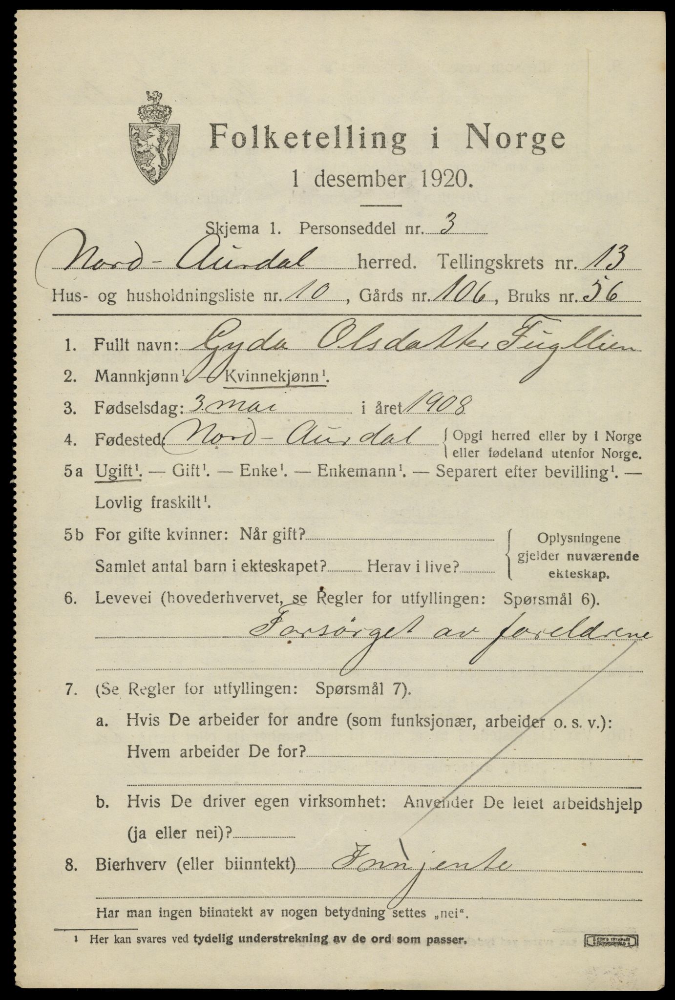 SAH, 1920 census for Nord-Aurdal, 1920, p. 10576