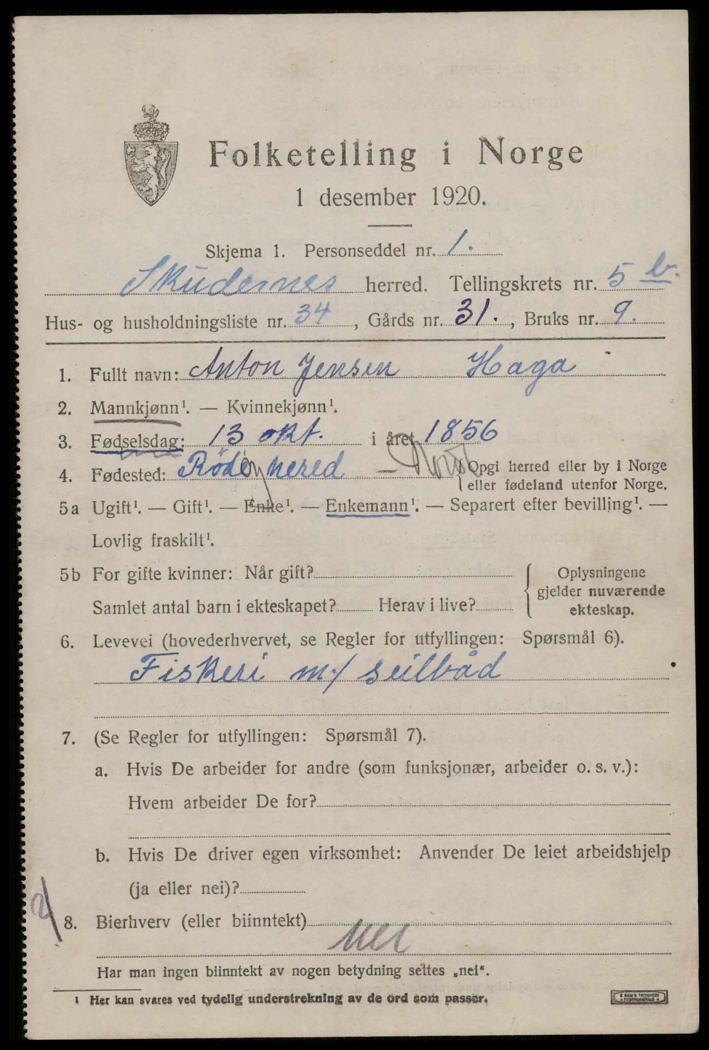 SAST, 1920 census for Skudenes, 1920, p. 4872