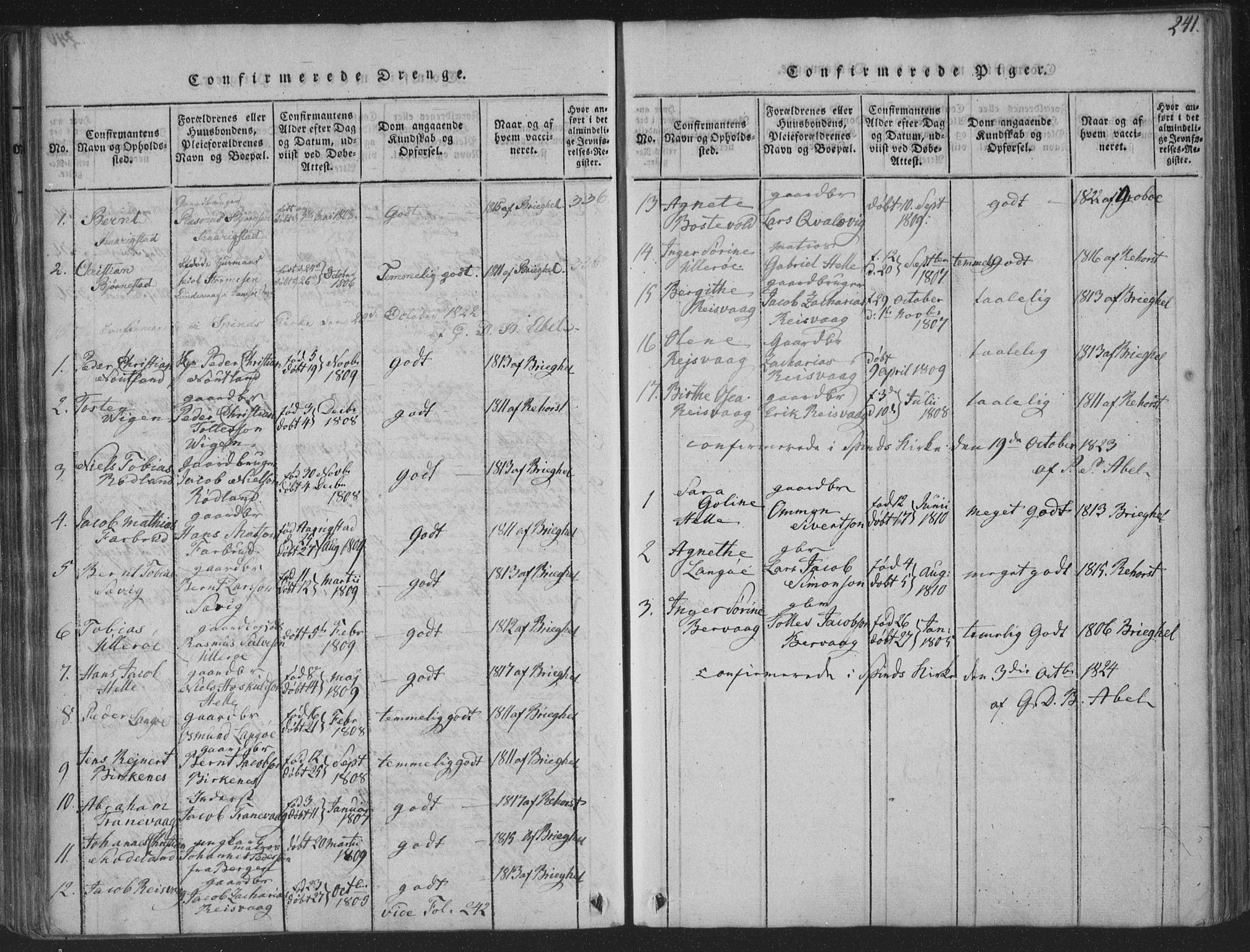 Herad sokneprestkontor, SAK/1111-0018/F/Fa/Fab/L0002: Parish register (official) no. A 2, 1816-1844, p. 241
