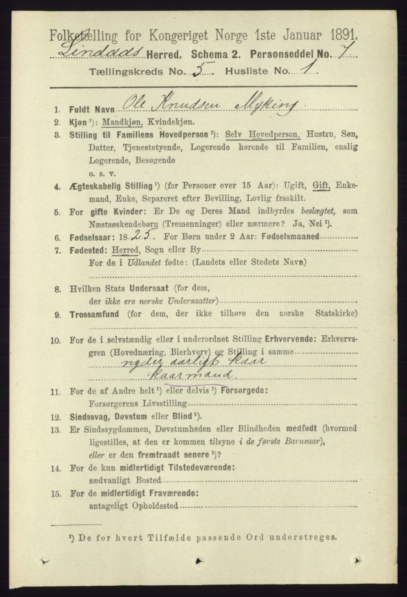 RA, 1891 census for 1263 Lindås, 1891, p. 1451