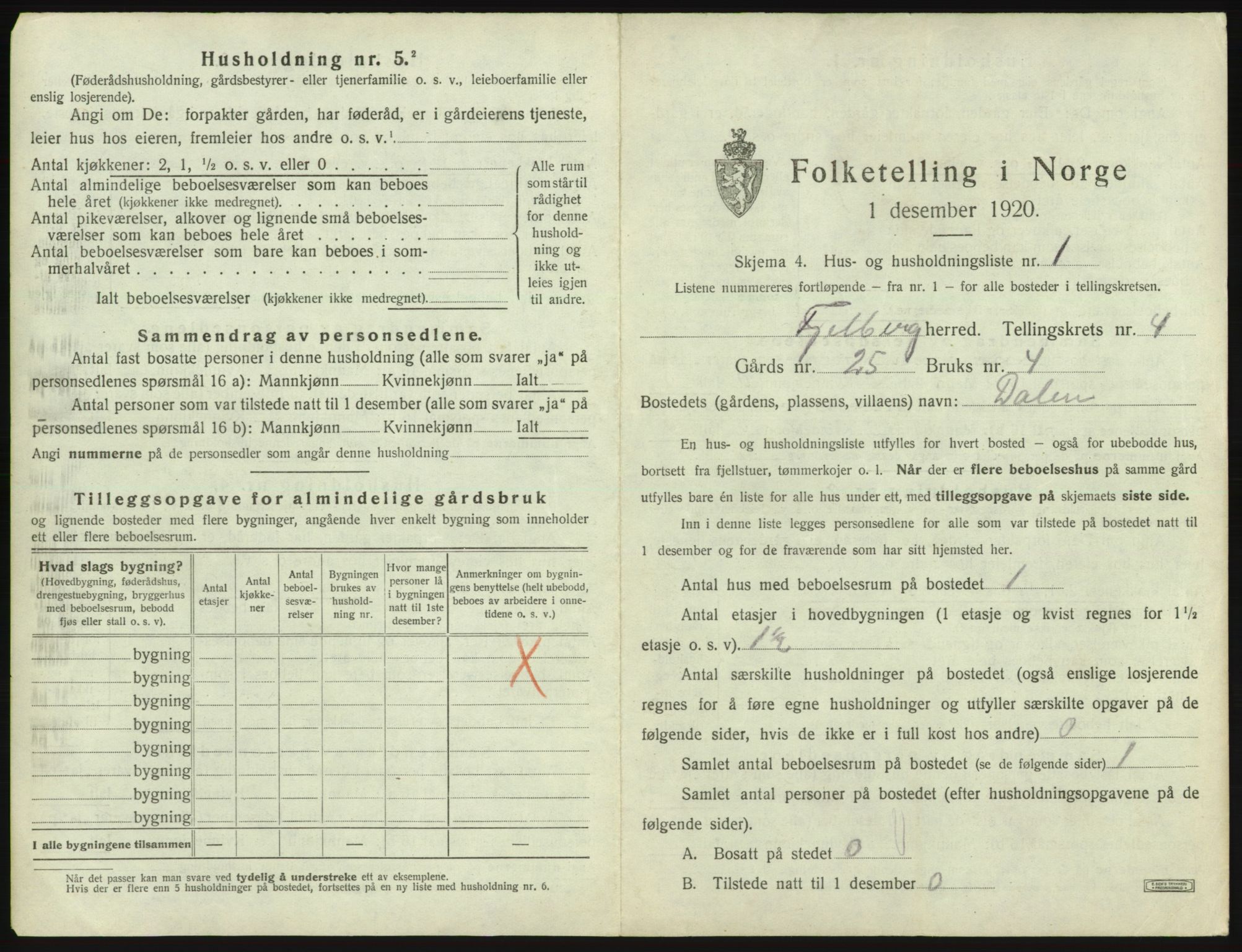 SAB, 1920 census for Fjelberg, 1920, p. 156