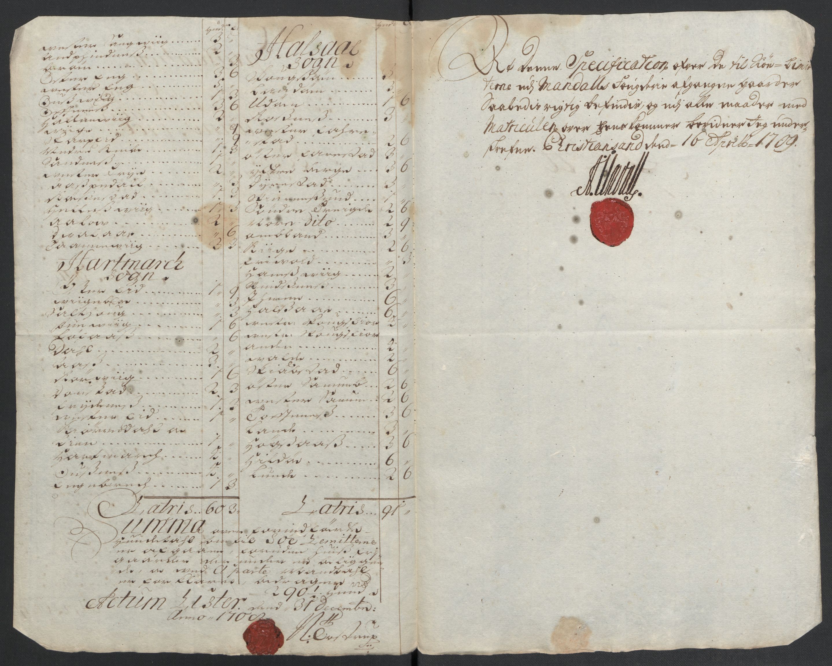 Rentekammeret inntil 1814, Reviderte regnskaper, Fogderegnskap, RA/EA-4092/R43/L2552: Fogderegnskap Lista og Mandal, 1705-1709, p. 199
