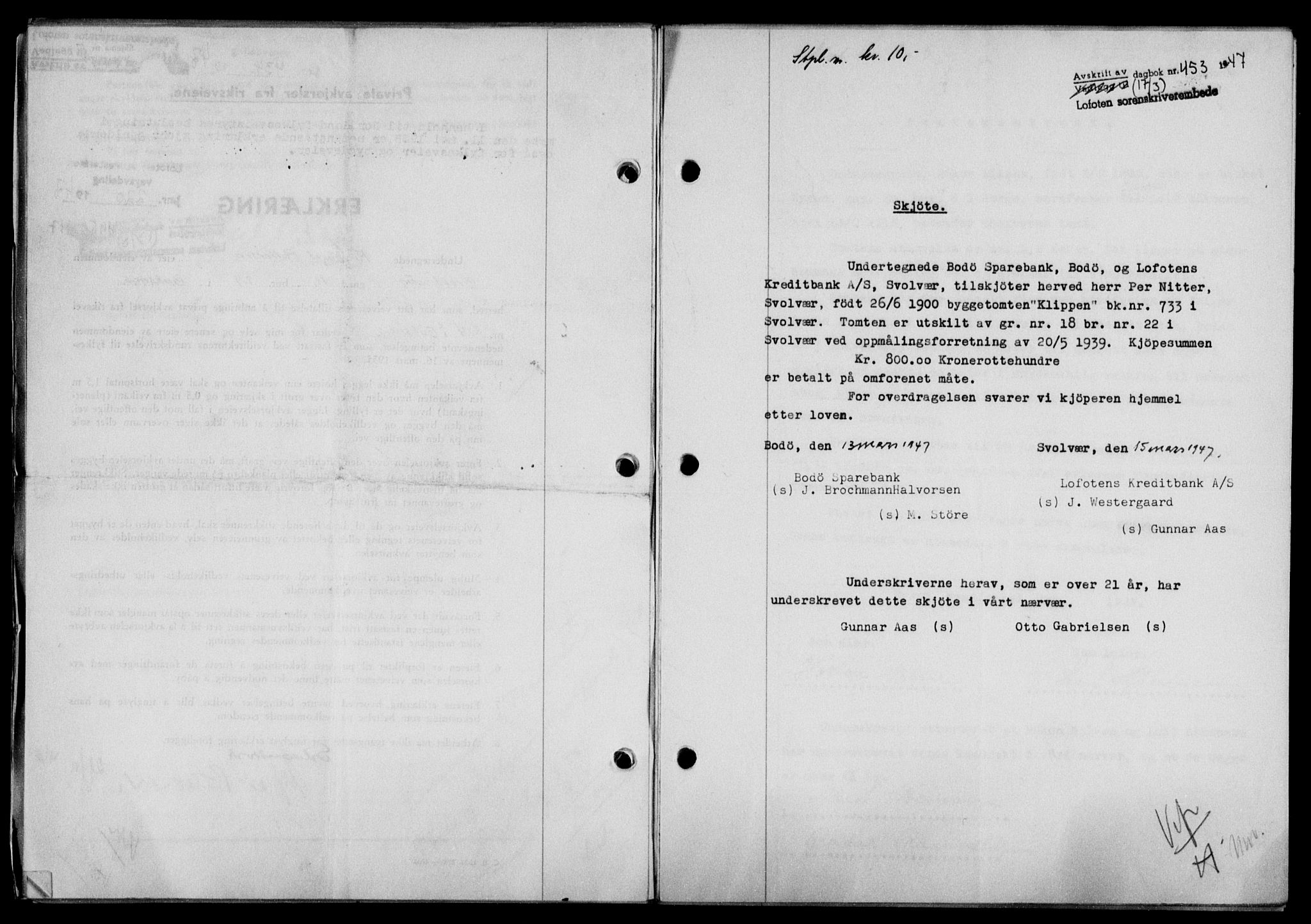Lofoten sorenskriveri, SAT/A-0017/1/2/2C/L0015a: Mortgage book no. 15a, 1946-1947, Diary no: : 453/1947