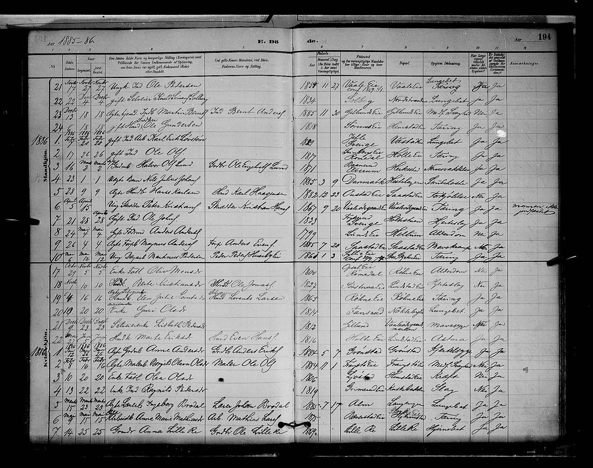 Stange prestekontor, SAH/PREST-002/L/L0009: Parish register (copy) no. 9, 1883-1899, p. 194