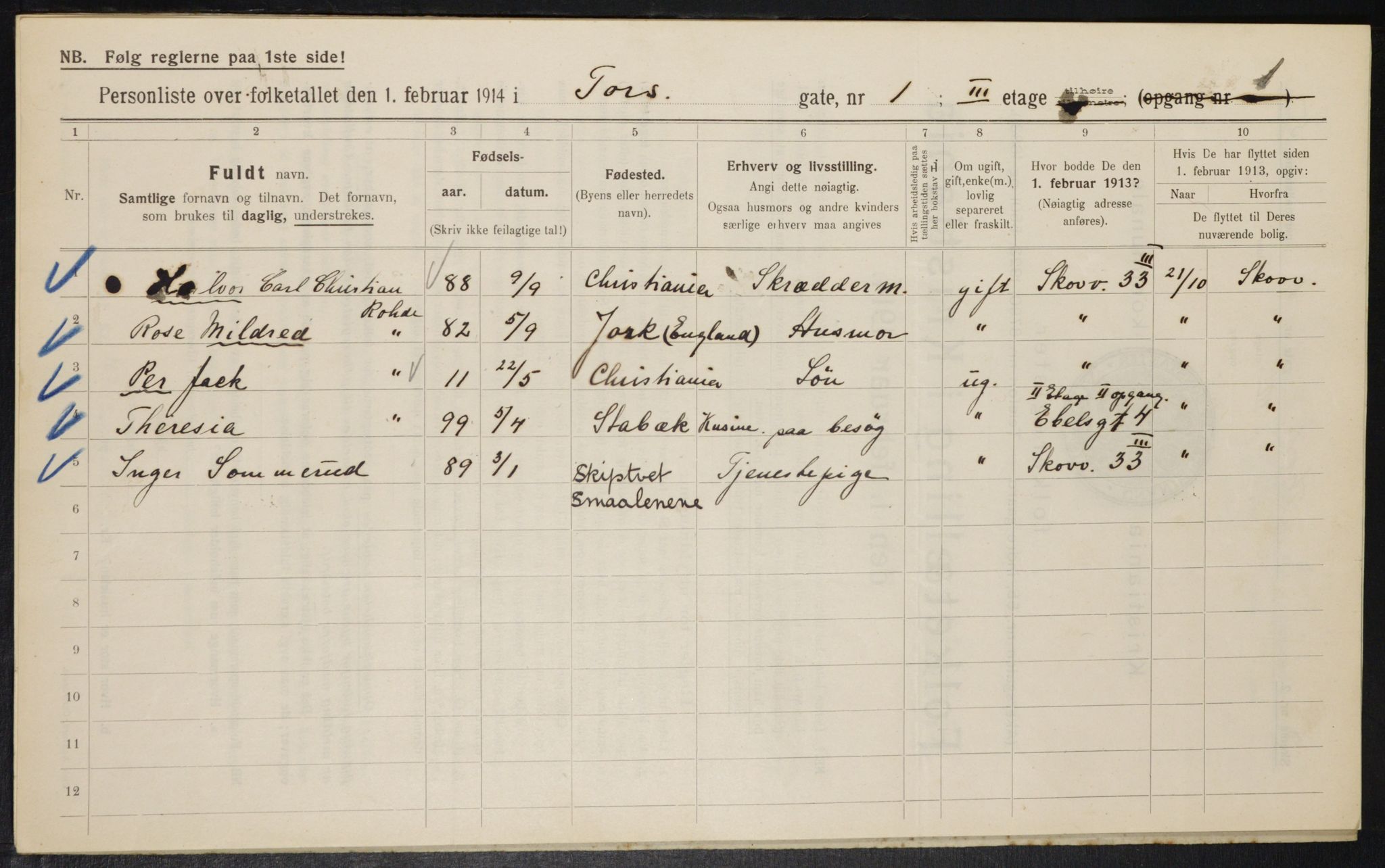 OBA, Municipal Census 1914 for Kristiania, 1914, p. 115140