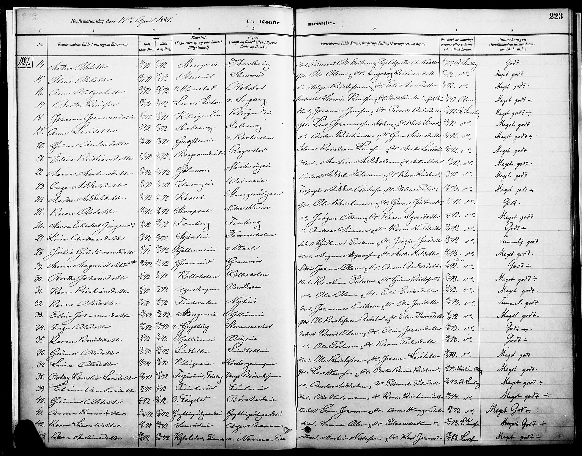 Vang prestekontor, Hedmark, AV/SAH-PREST-008/H/Ha/Haa/L0019A: Parish register (official) no. 19, 1886-1900, p. 223