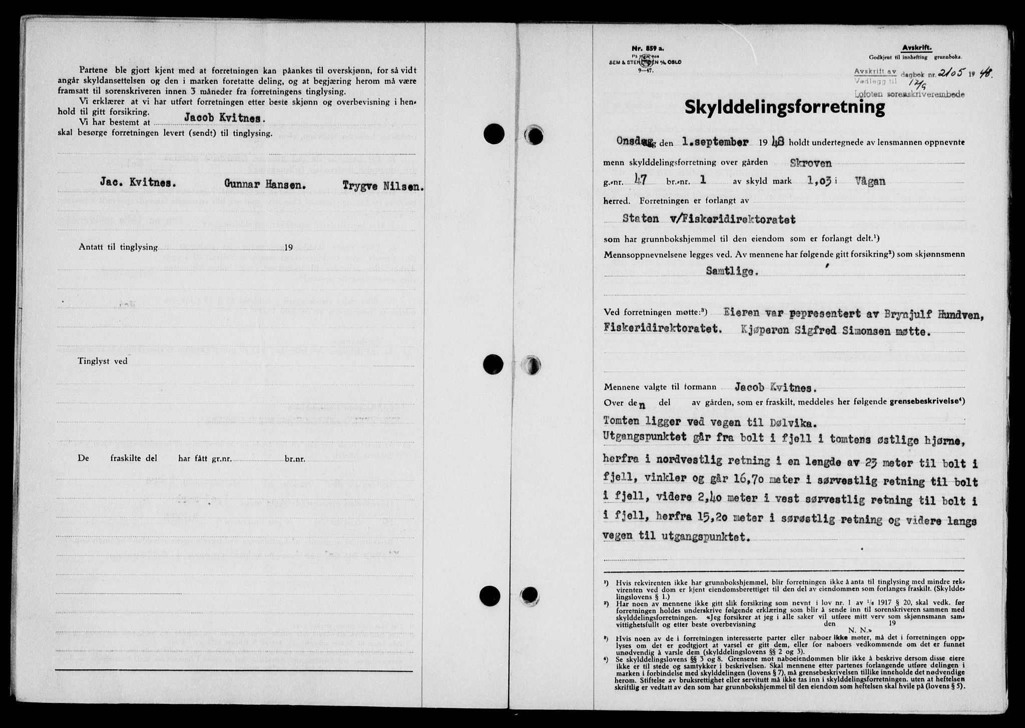 Lofoten sorenskriveri, SAT/A-0017/1/2/2C/L0019a: Mortgage book no. 19a, 1948-1948, Diary no: : 2105/1948
