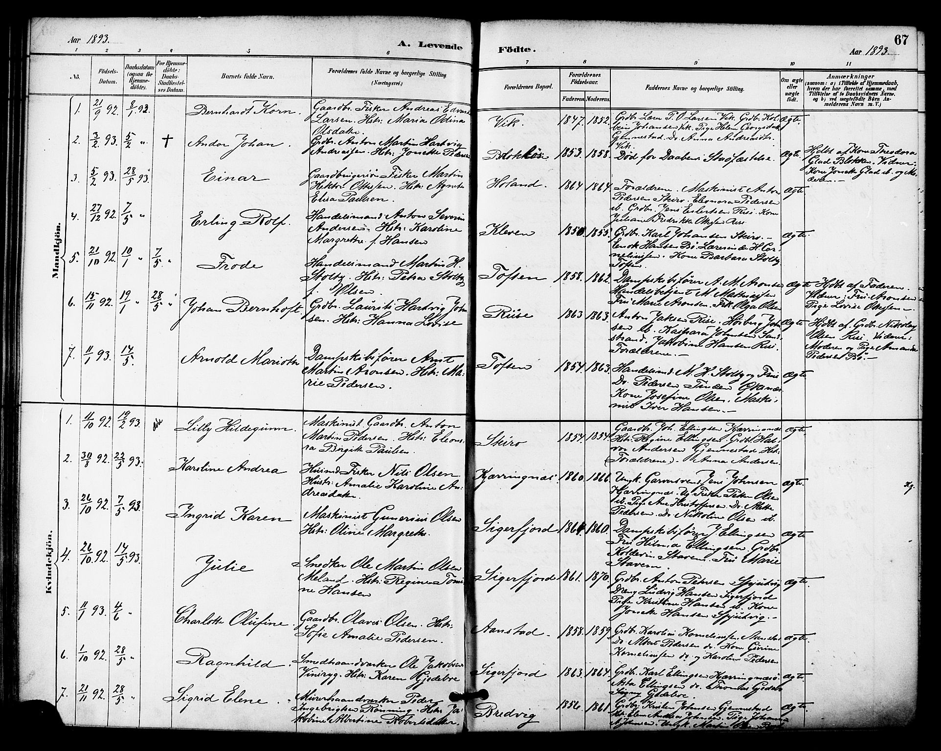 Ministerialprotokoller, klokkerbøker og fødselsregistre - Nordland, AV/SAT-A-1459/895/L1371: Parish register (official) no. 895A06, 1885-1894, p. 67