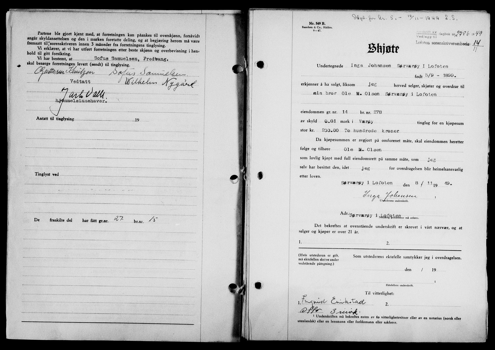 Lofoten sorenskriveri, SAT/A-0017/1/2/2C/L0022a: Mortgage book no. 22a, 1949-1950, Diary no: : 2786/1949