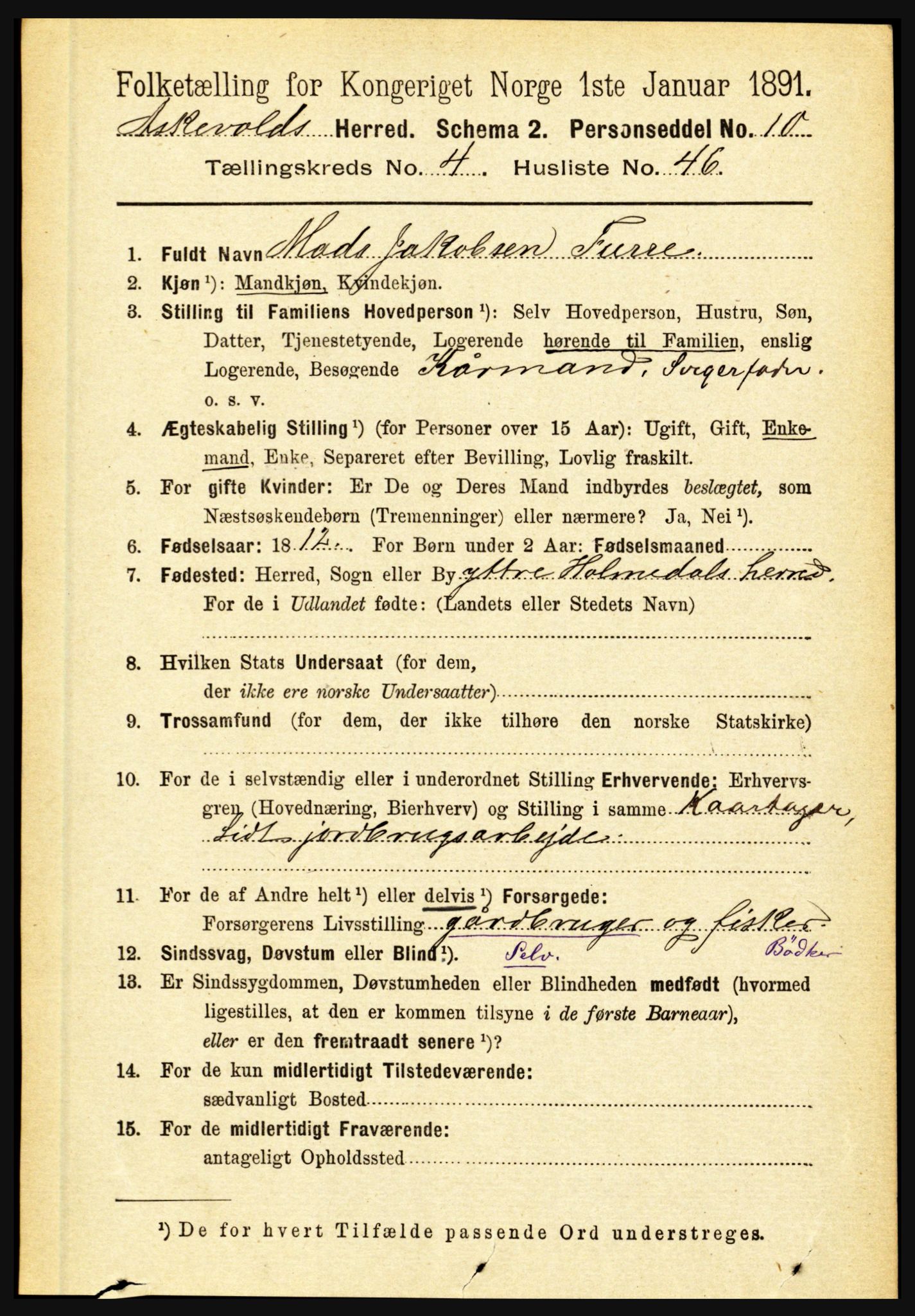 RA, 1891 census for 1428 Askvoll, 1891, p. 1464