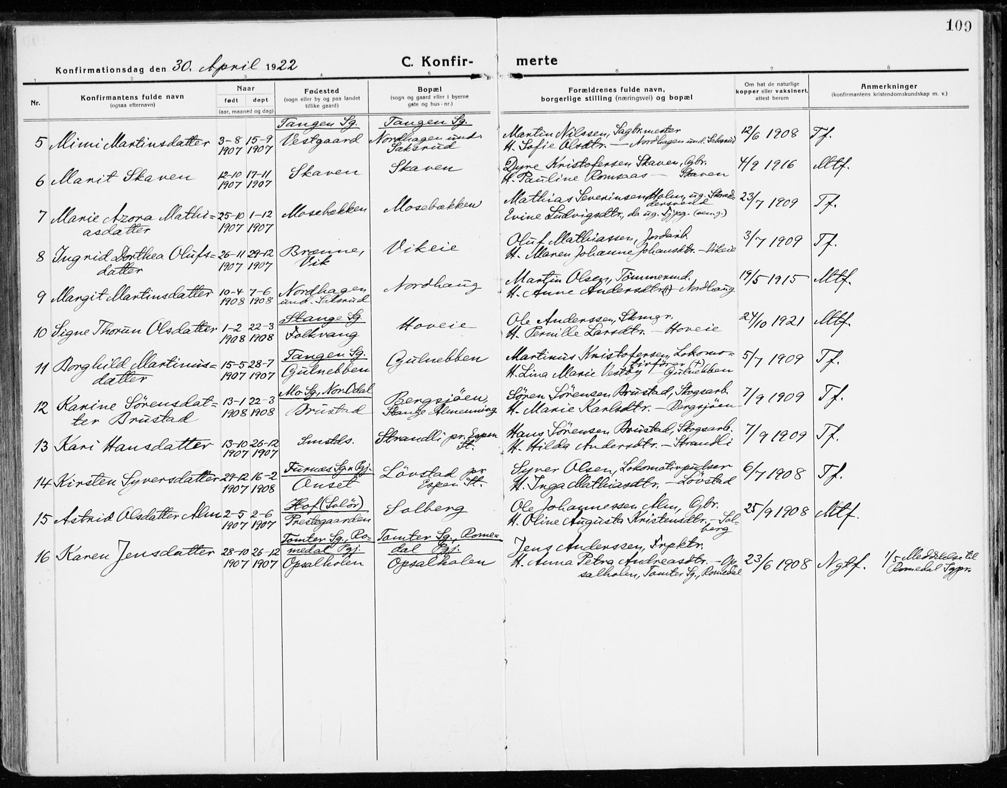 Stange prestekontor, SAH/PREST-002/K/L0025: Parish register (official) no. 25, 1921-1945, p. 109